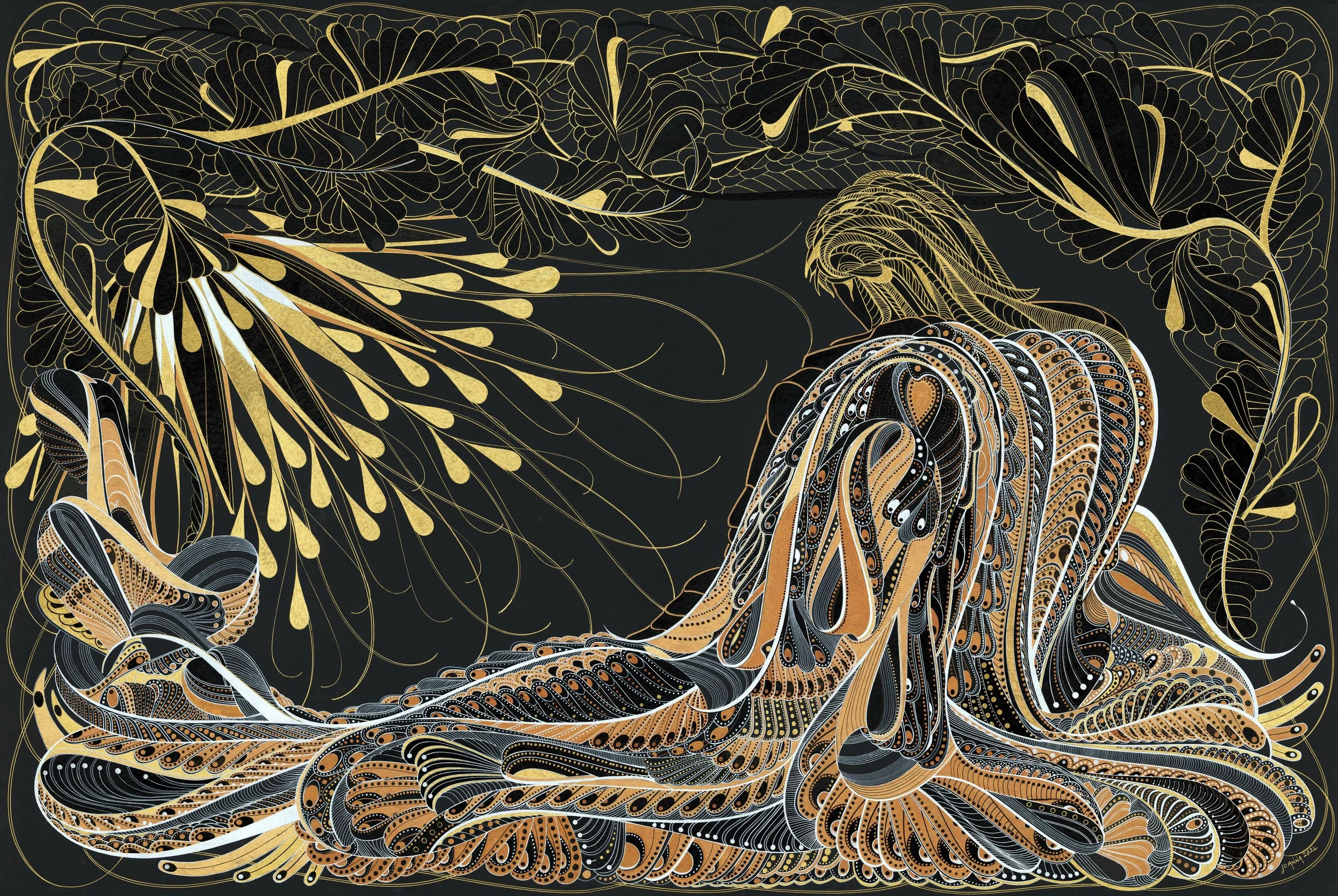 The Guardian (at sunrise), 2024, pen and ink on black board, 80cm x 120cm