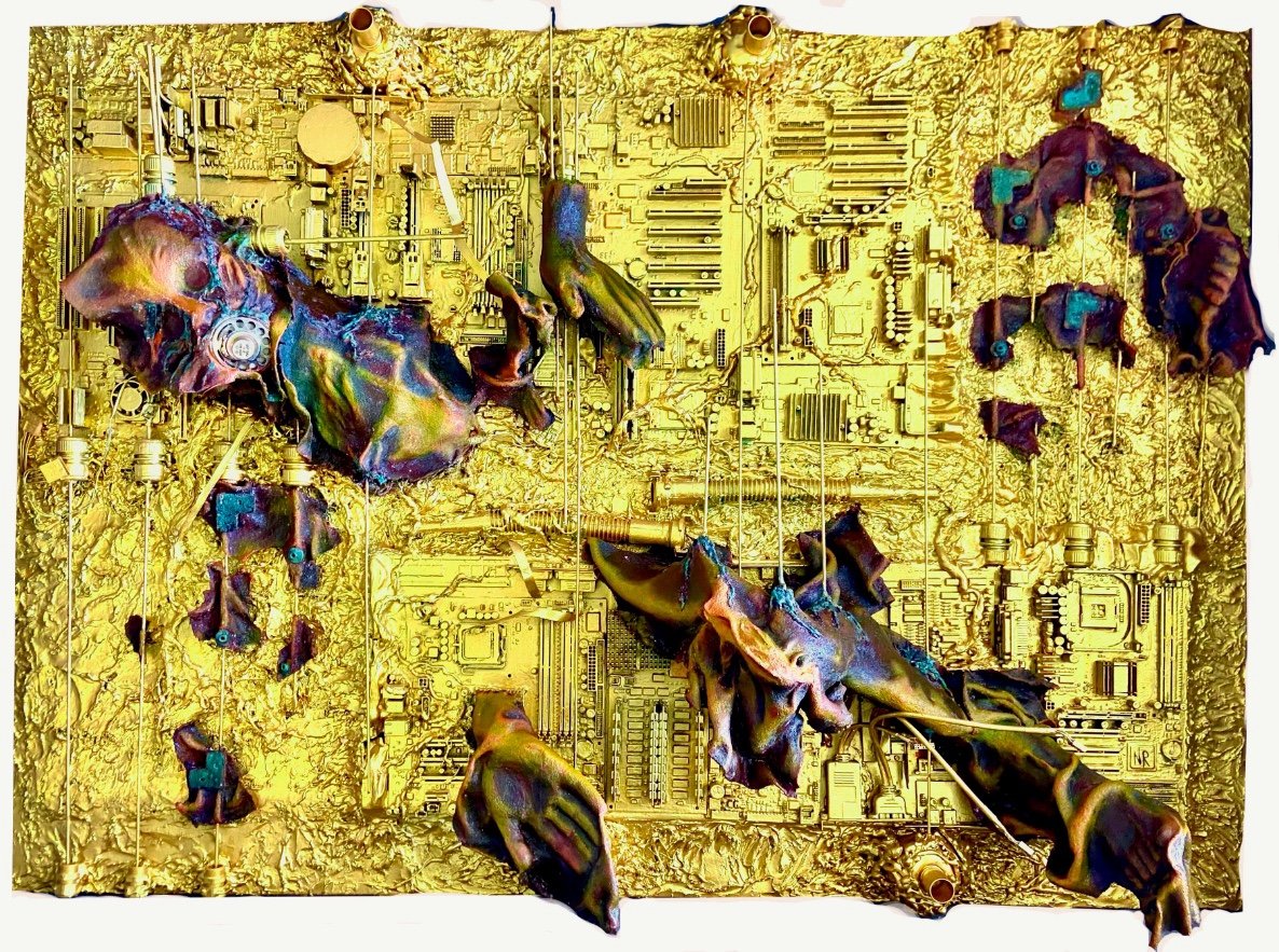 erosion, 2022,computer circuit board pieces, silicon, clay, plaster, metal, barbie horse,102x140x31cm