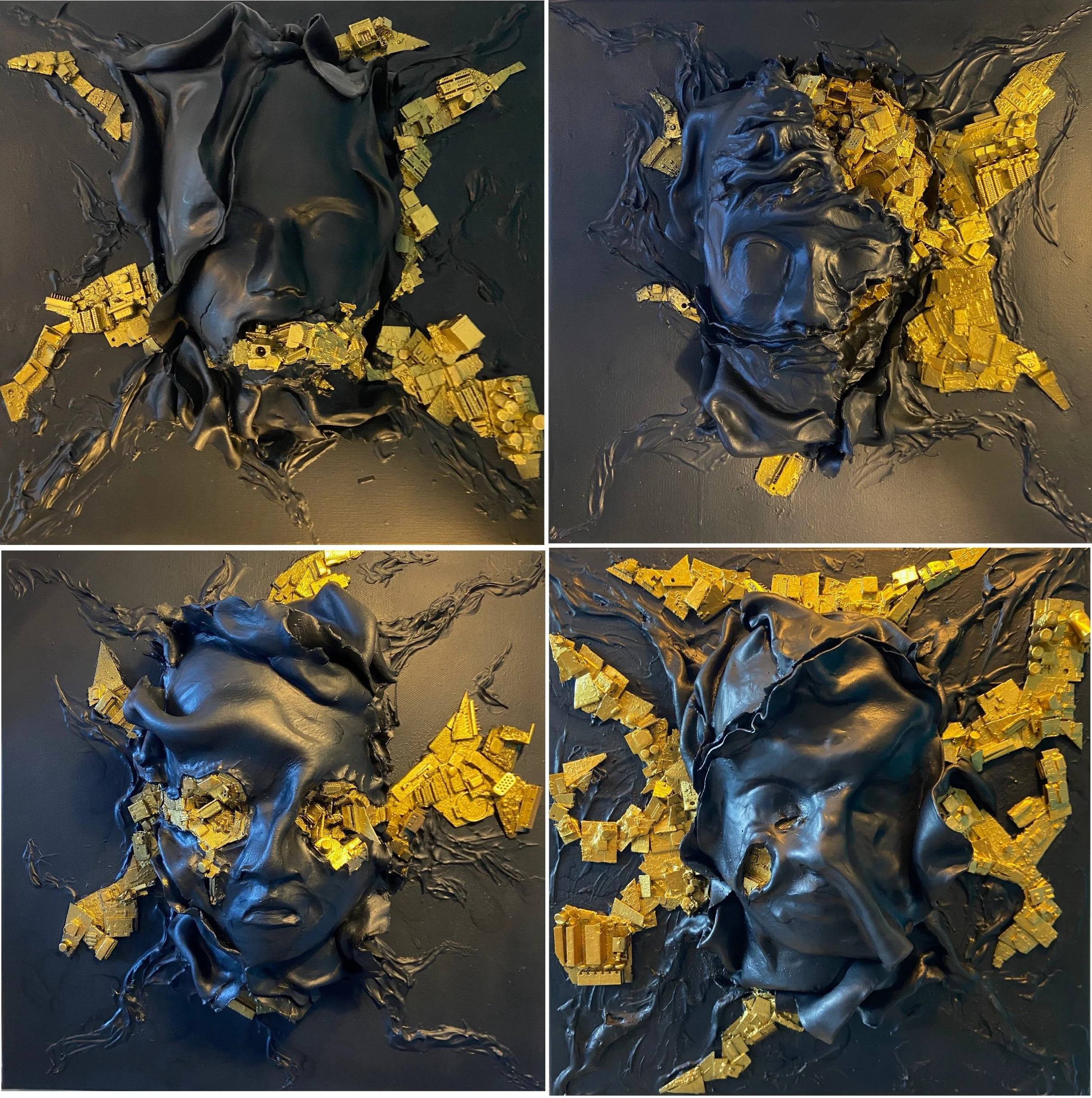 dark ages series, 2025,computer circuit board pieces, silicon, clay, each 40x40x17cm