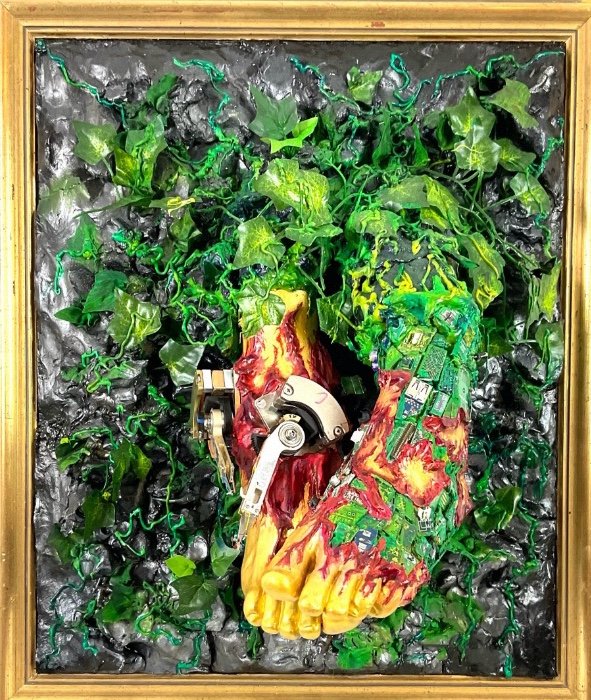 evolution, computer circuits board pieces , clay, silicon, plastic plants, 55x47x30cm