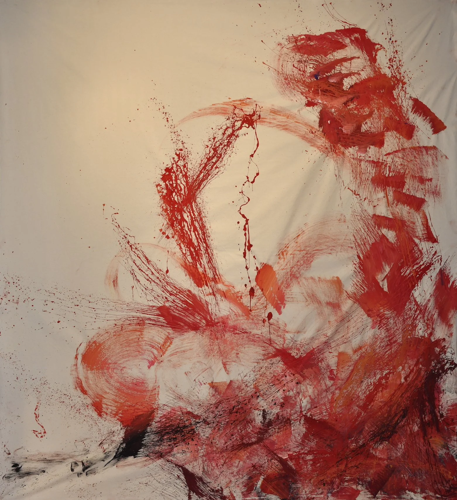 Finding stillness in the Inner Chaos Painting, gesso, ink, and tempera on raw canvas, 203 x 304 cm, May 26th 2021