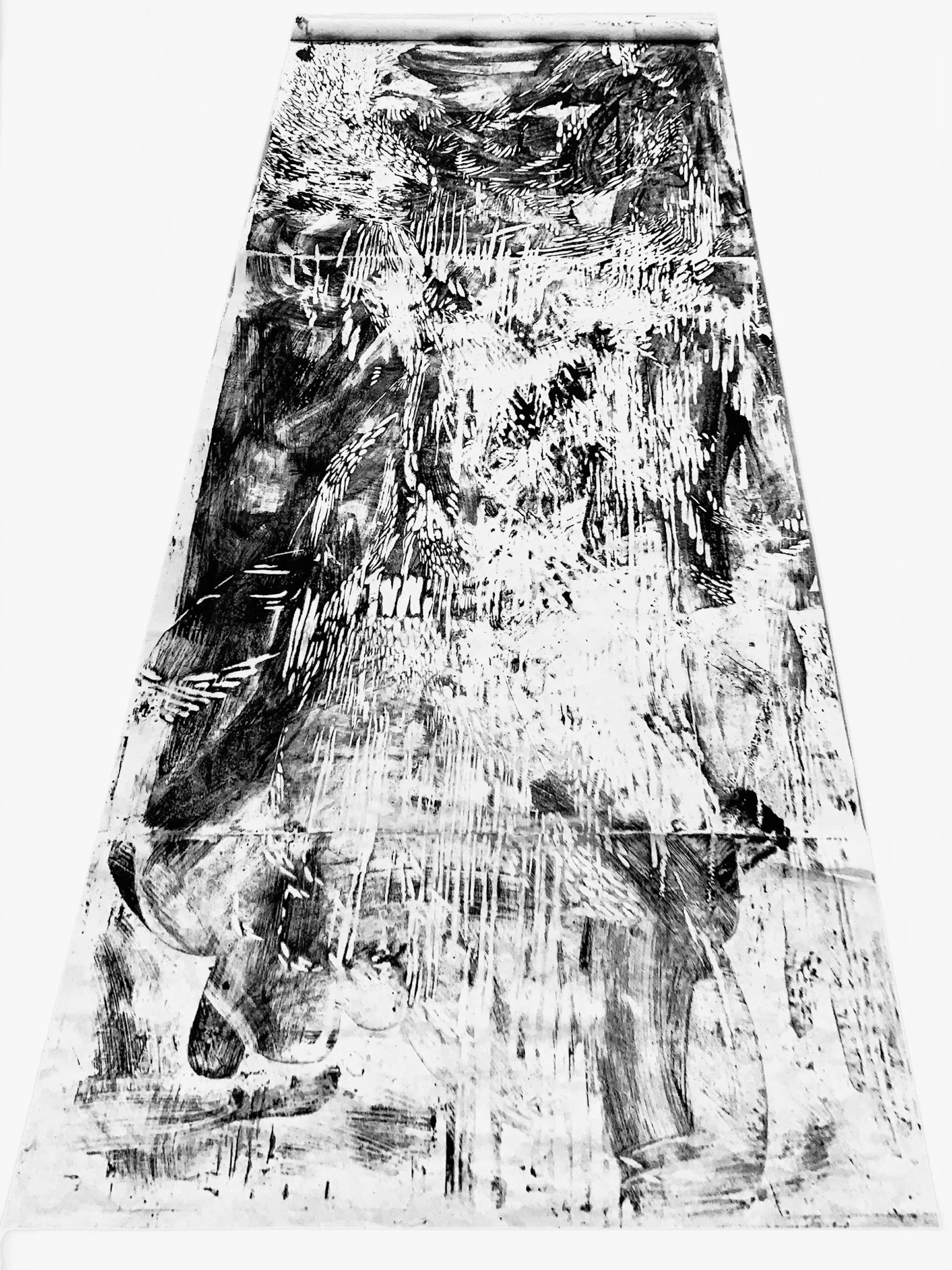 Transitions II Hand printed AP Polyptych Woodblock Relief Print, Ink, rice paste on Mulberry Paper 152 x 365 cm  2019