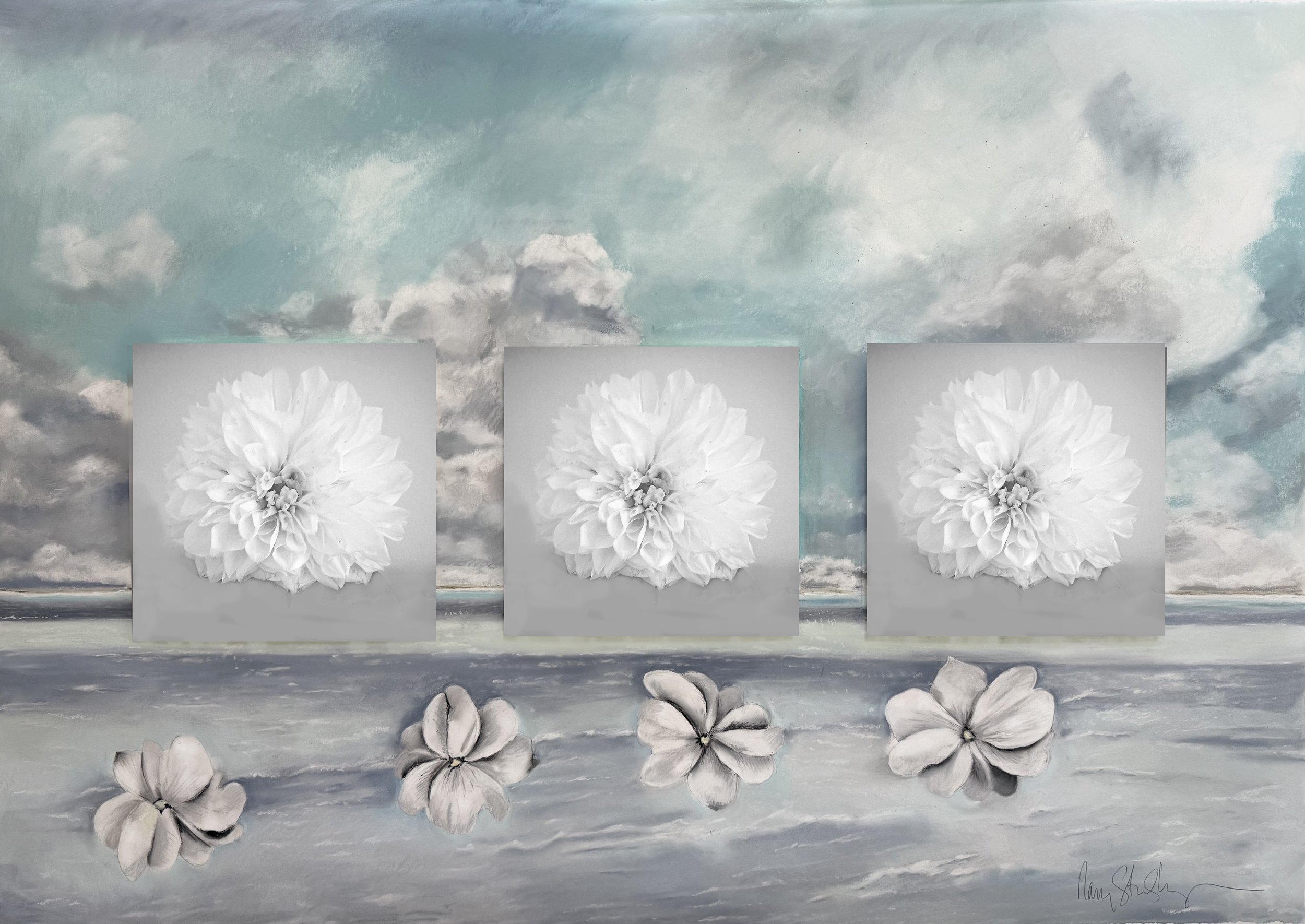 The Radiance of Illumination, pastel on paper, mounted photographs, 114.3 x 88.9, 2025