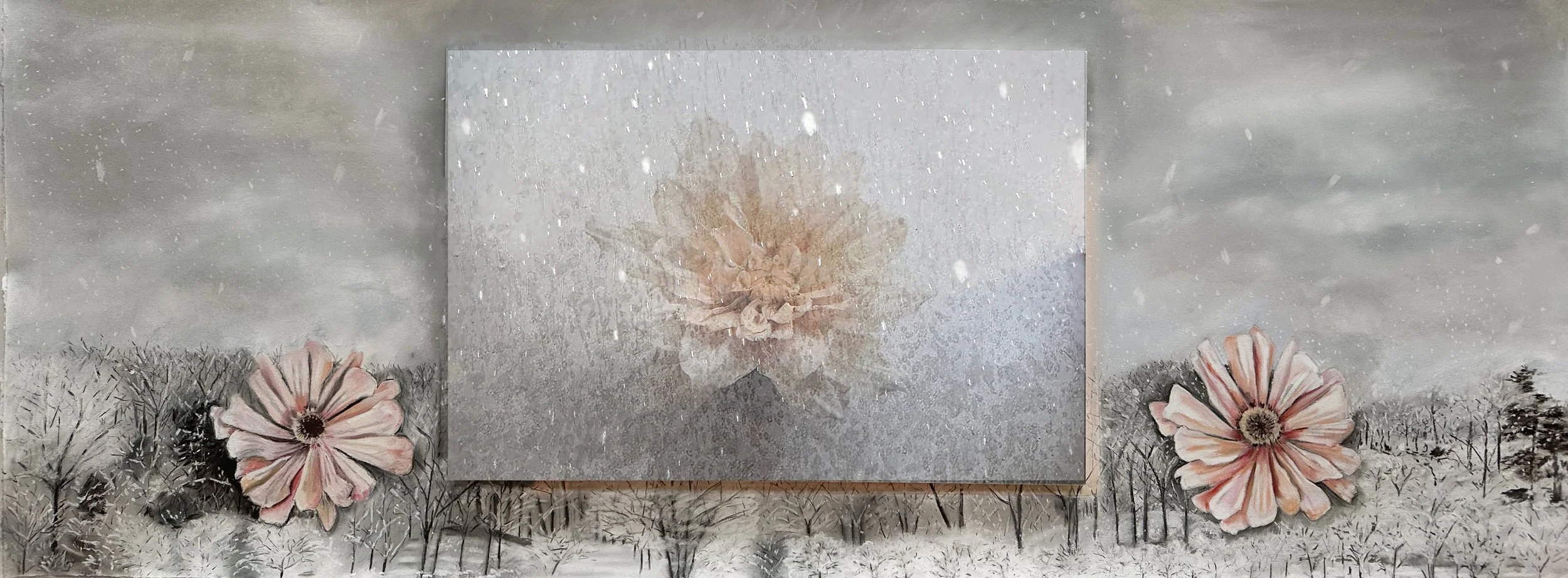 The Anticipation of Spring, pastel on paper, mounted photograph, 147.32 x 55.88, 2024