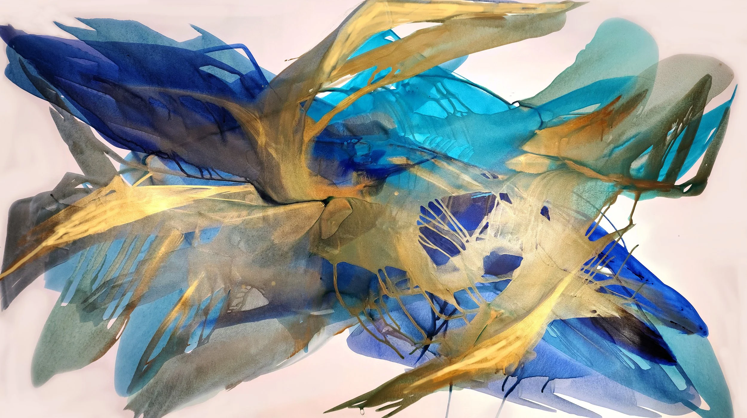 Monsoons, 2022. Acrylic with gold  copper &amp; bronze on canvas, 132.08 x 223.52 cm.