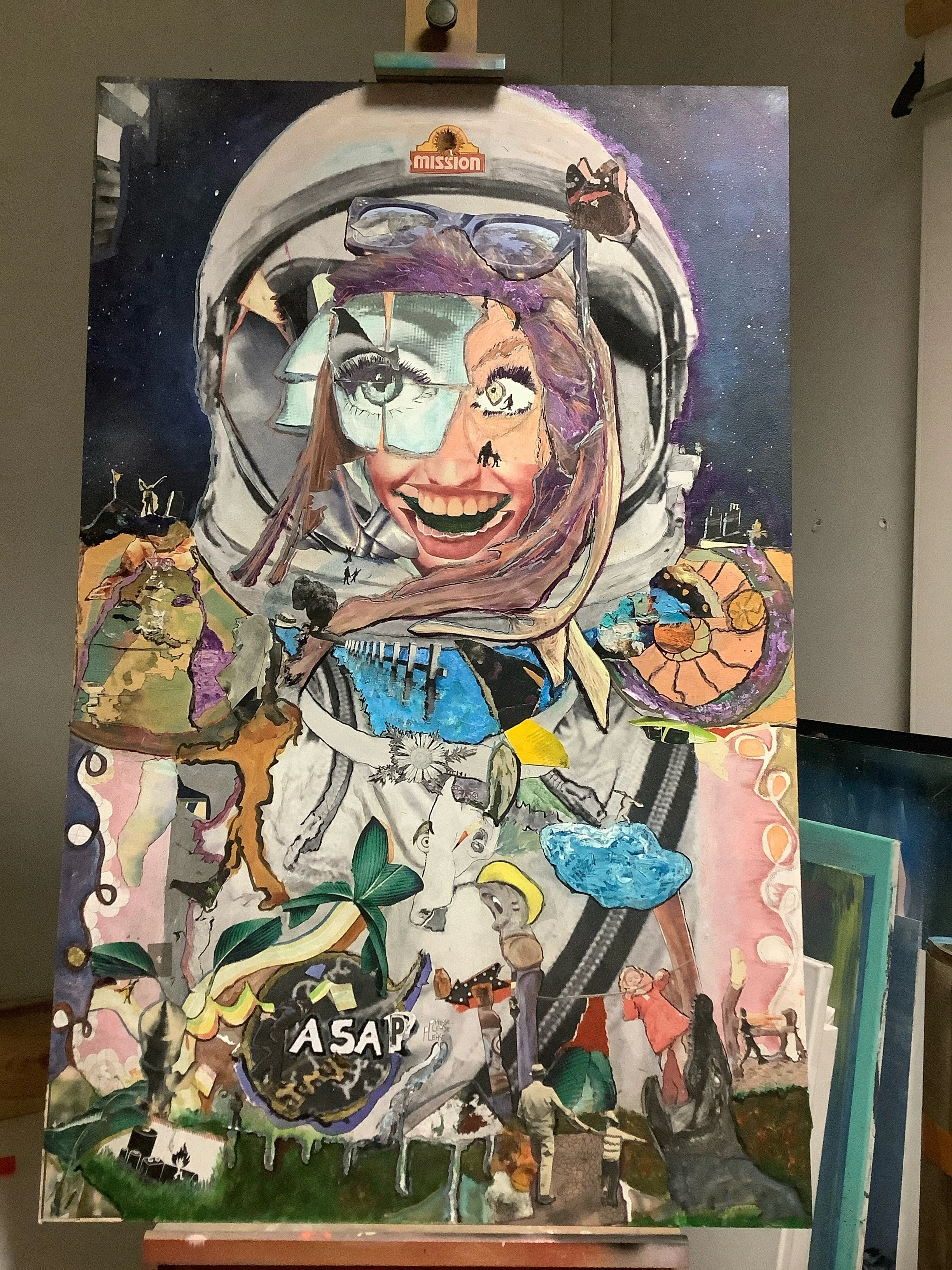 Spacewoman 4.0, 2023, mixed paint techniques on mdf panel. 70x100