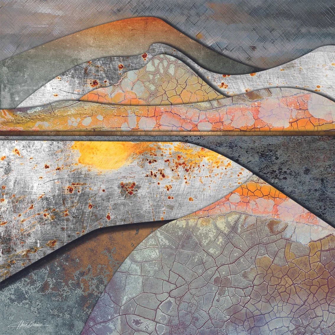 Glowing steel grey mountains, 2024, digital collage on canvas, 60 cm x 60 cm