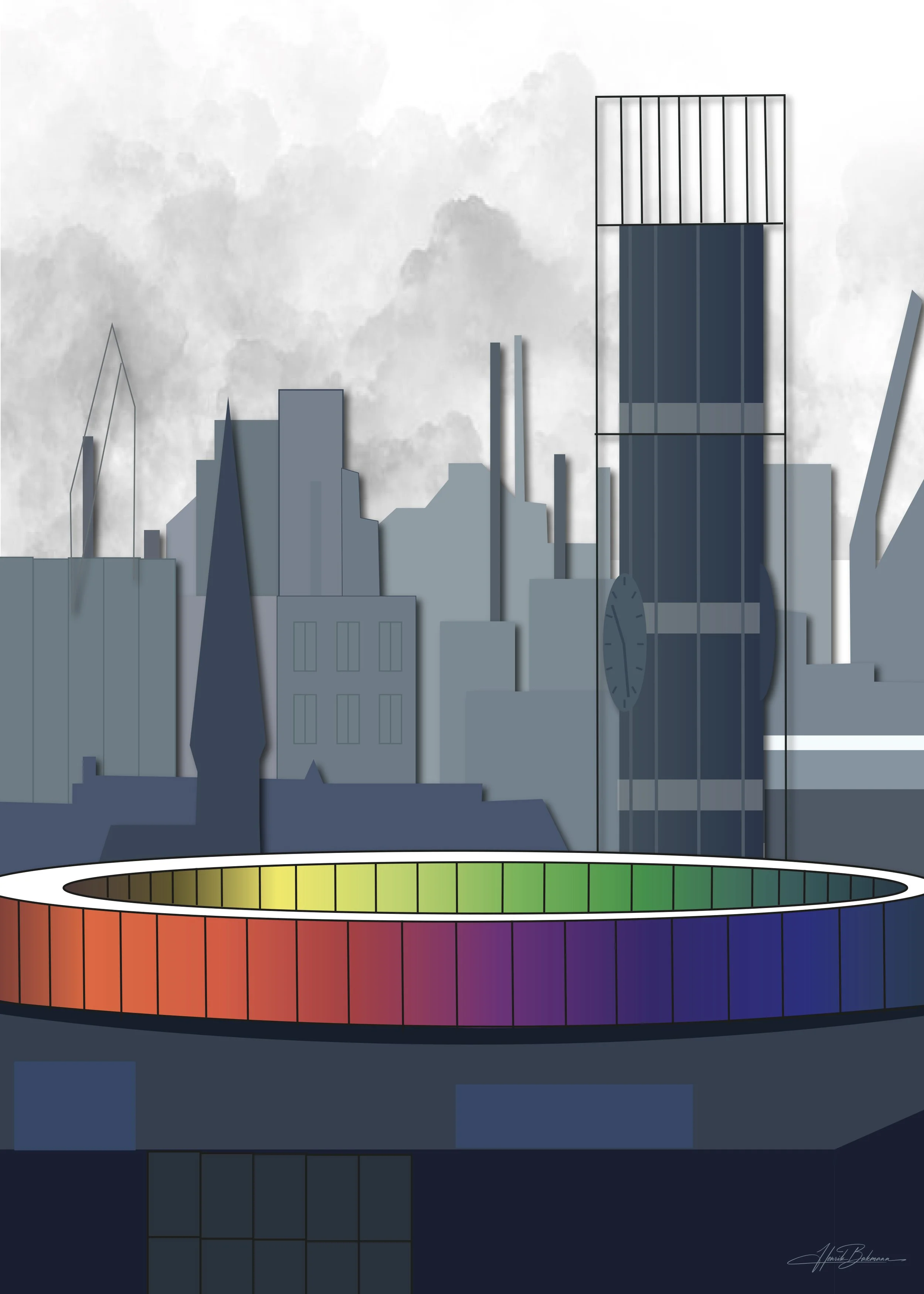 Aarhus Cityscape, 2025, digital collage printed as a poster, 50 cm x 70 cm