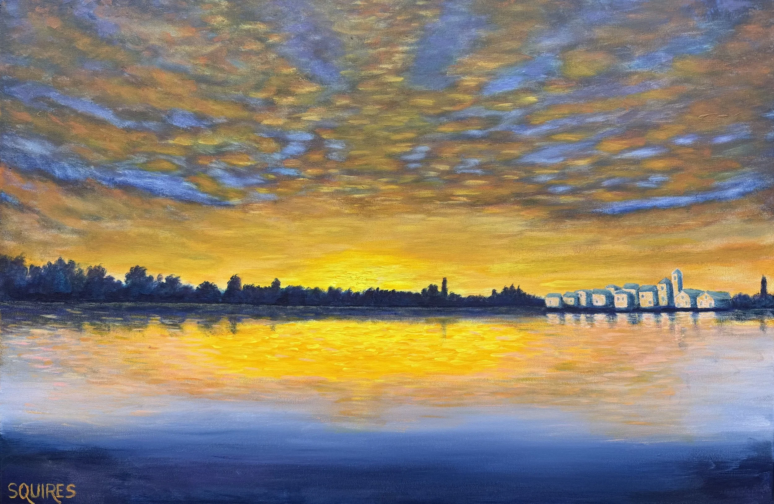 Fire Sky Sunset on the Lake, 2025. Acrylic on canvas, 61 x 91 cm.