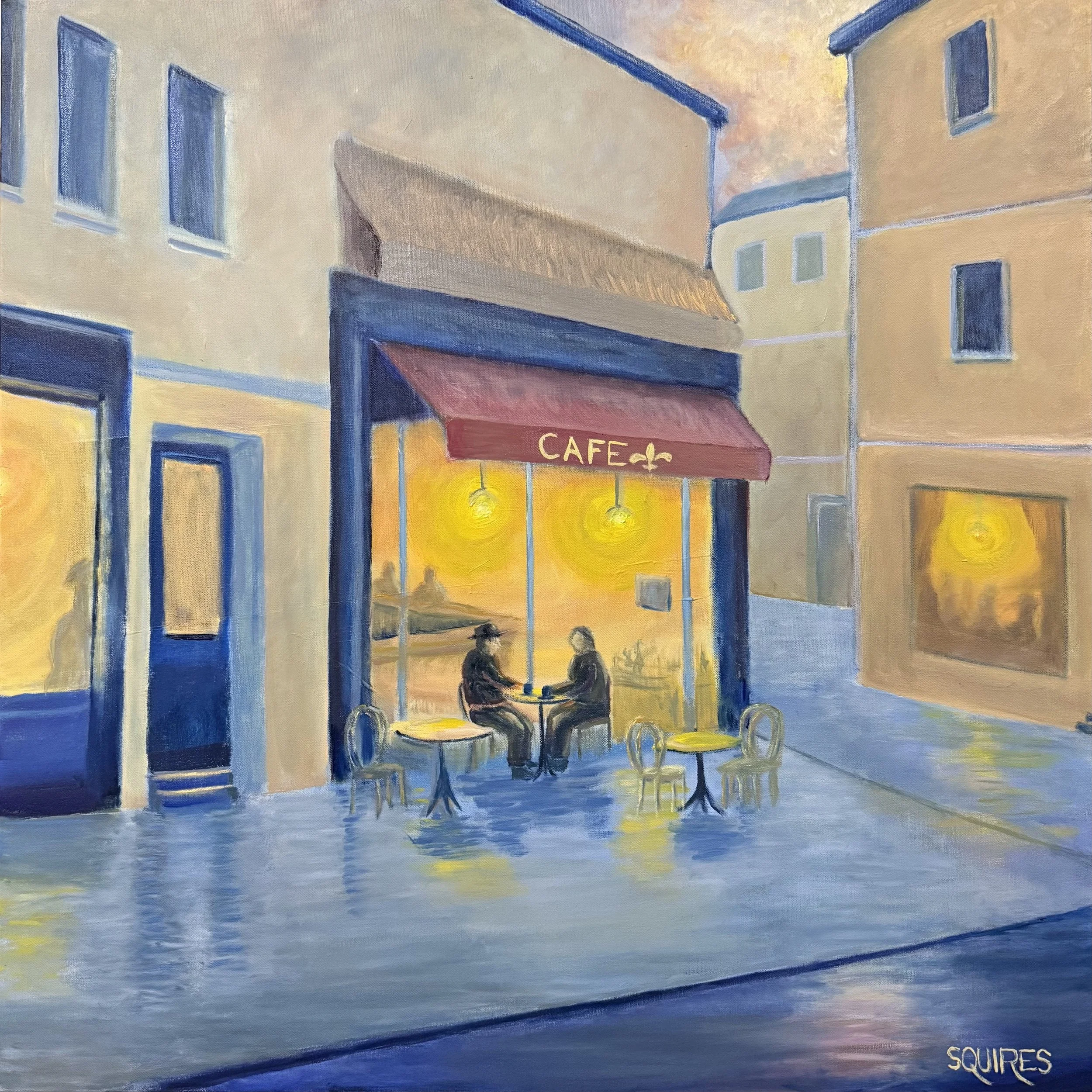 Moonlight Cafe, 2025. Acrylic and oil on canvas, 91 x 91 cm.