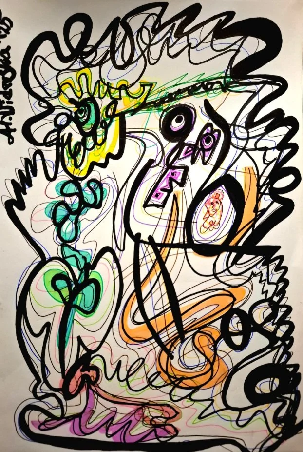 "Marian Thoughts", 2025, pens and markers, paper