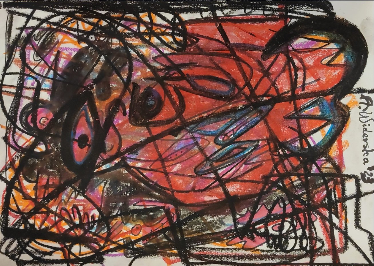 "What Is Going Up?", 2023, oil pastels, paper markers,