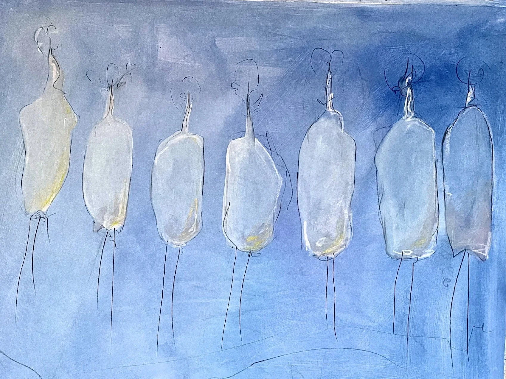 THE BLUE VISITORS, 2025, oil on unstretched canvas, 129 cm X 91.4 cm