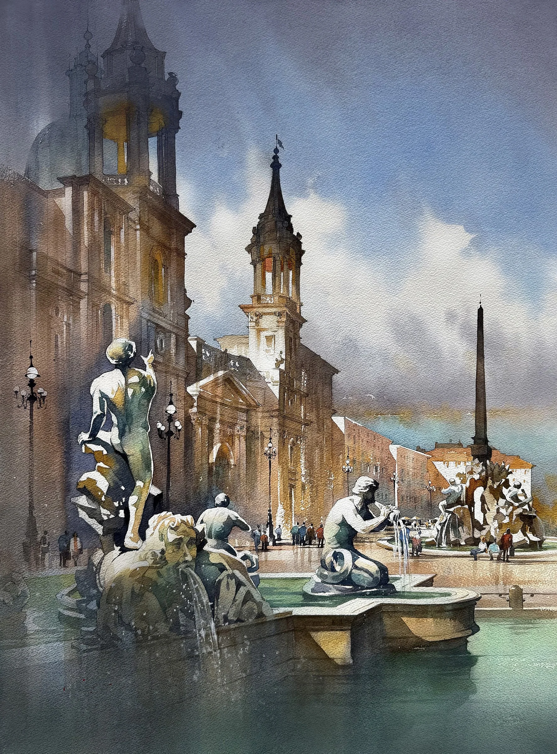 Afternoon - Piazza Navona: Watercolor -2025 - 76x56cm