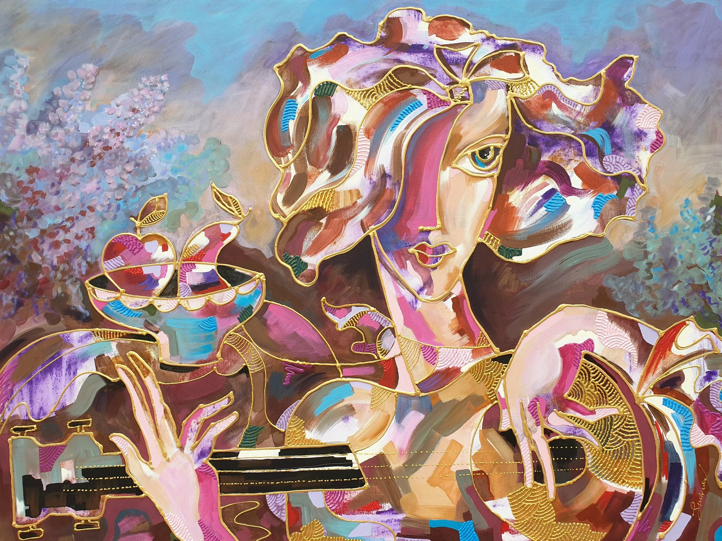 Lady with guitar, acrylic on canas, 75 x 100 cm, 2021