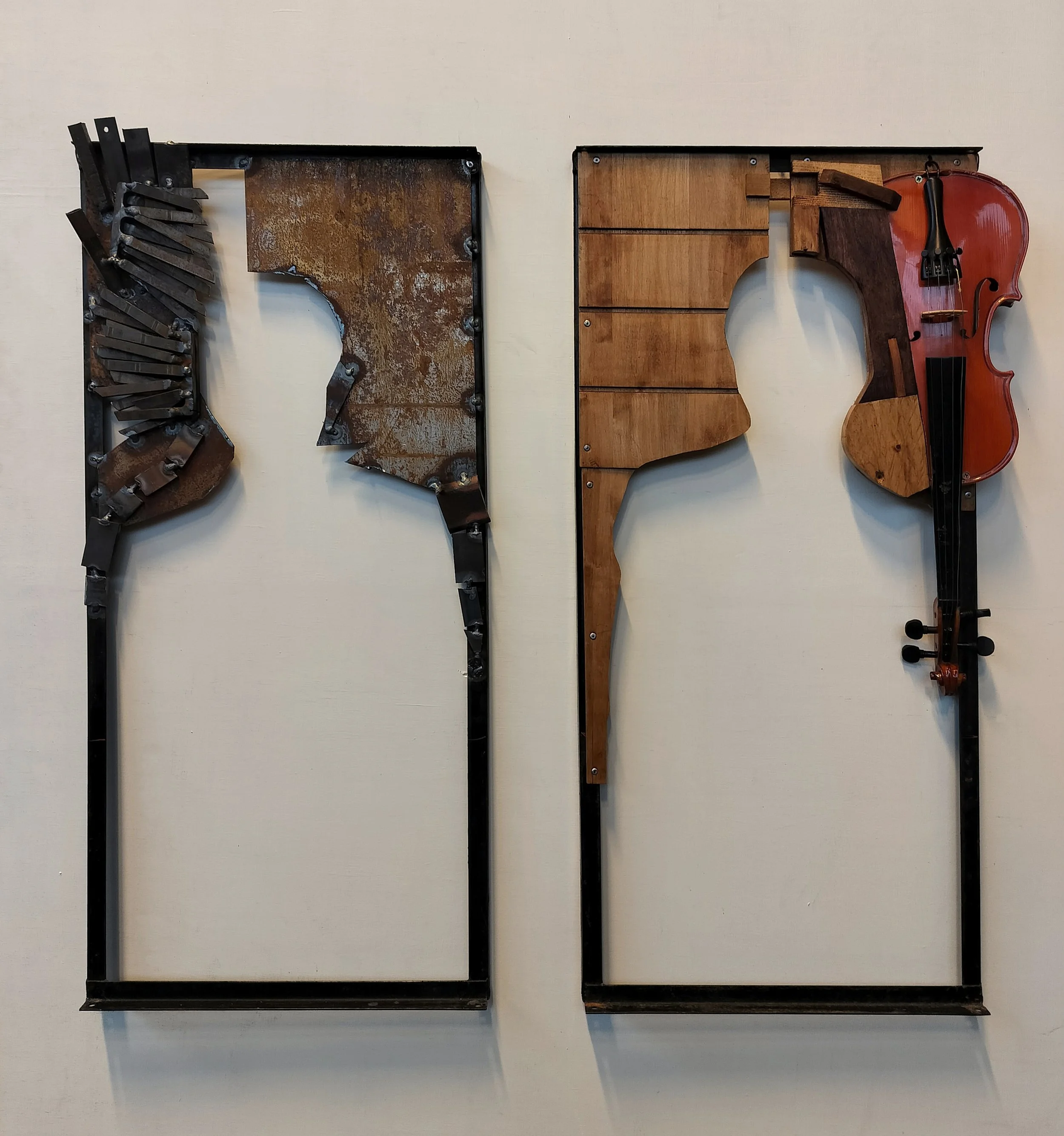 Portraits of Hannu and Lauri, 2025. Iron, wood, a violin, 100 x 100 x 8 cm.