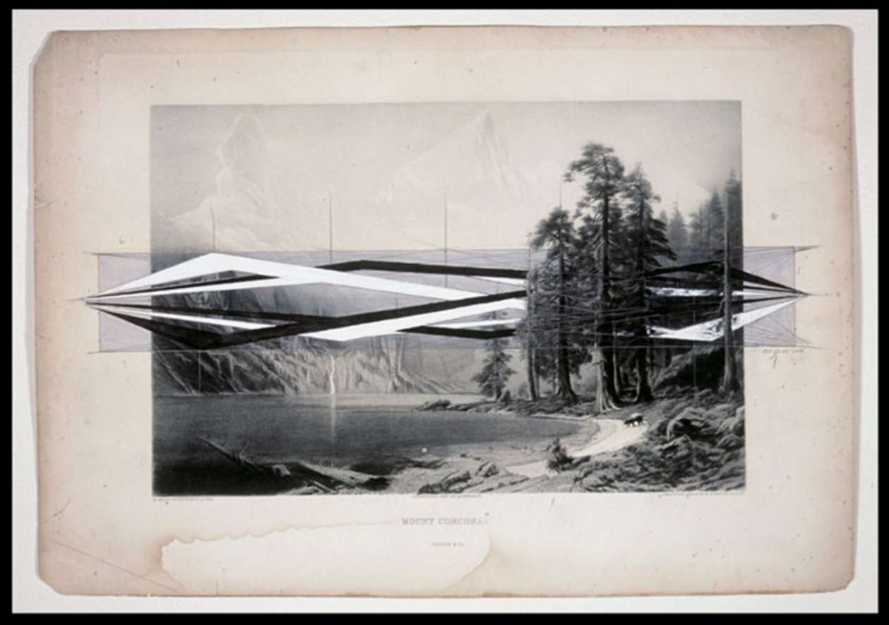 Vajra - Mount Corcoran, 2018 Drawing on reproduction print 13 1/2 × 16 7/10 in | 34.2 × 42.5 cm