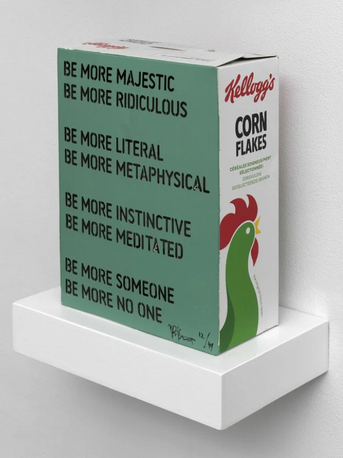 Higher Contradictions (Text on Box), 2020 Lasercut Kellog's box, paint 9 2/5 × 7 1/2 × 3 7/10 in | 24 × 19 × 9.5 cm