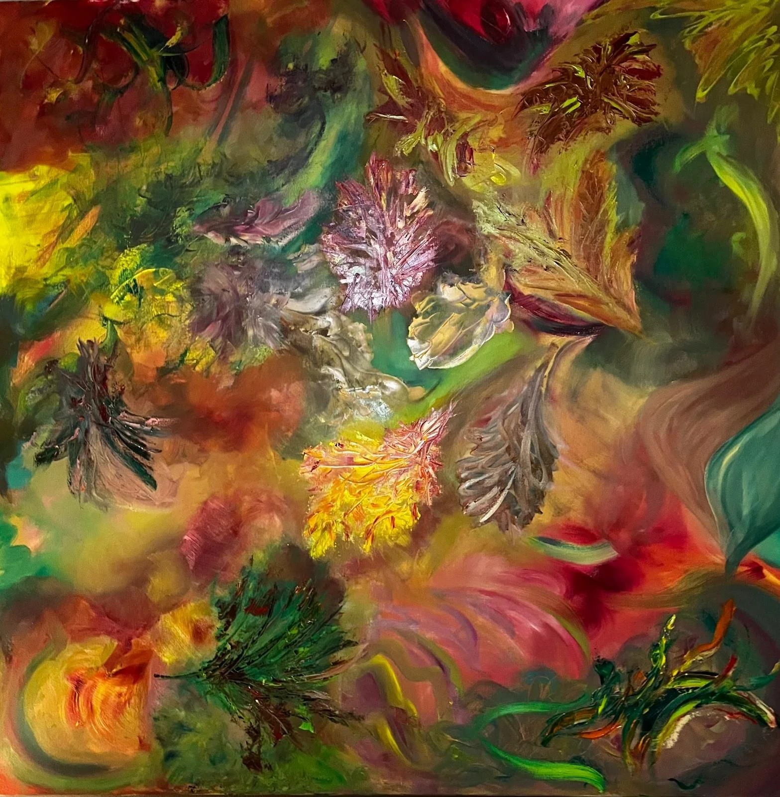 Autumns Dance 100cm x 100cm . Oil on canvas . Inspired by mother natures array of depth colour light and movement .Natures pallet changing and intensifying as the leaves fall.