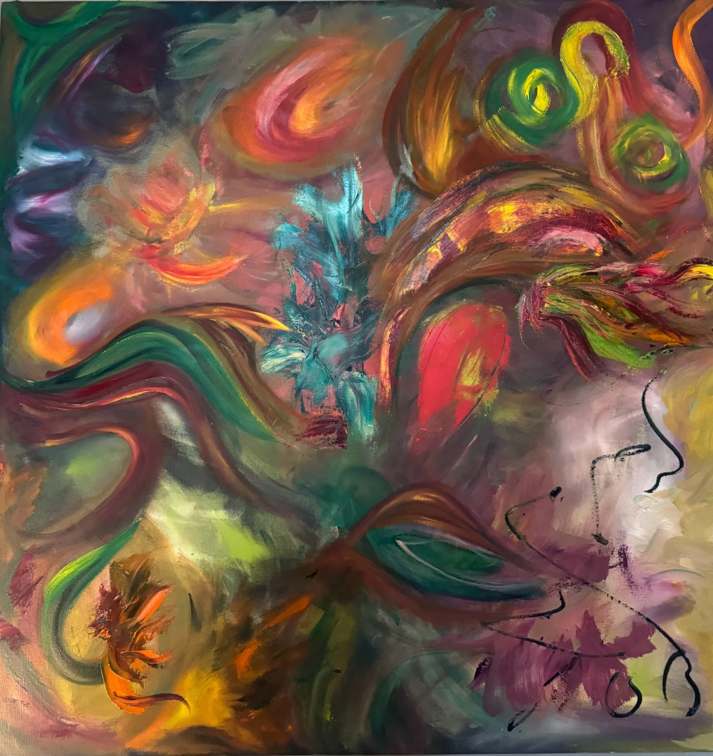 Winter she's a lady . 100cm x 100cm oil on canvas .Observing the change and decline in spectrum of colour observing the intensity of evergreens under muted winter skies.