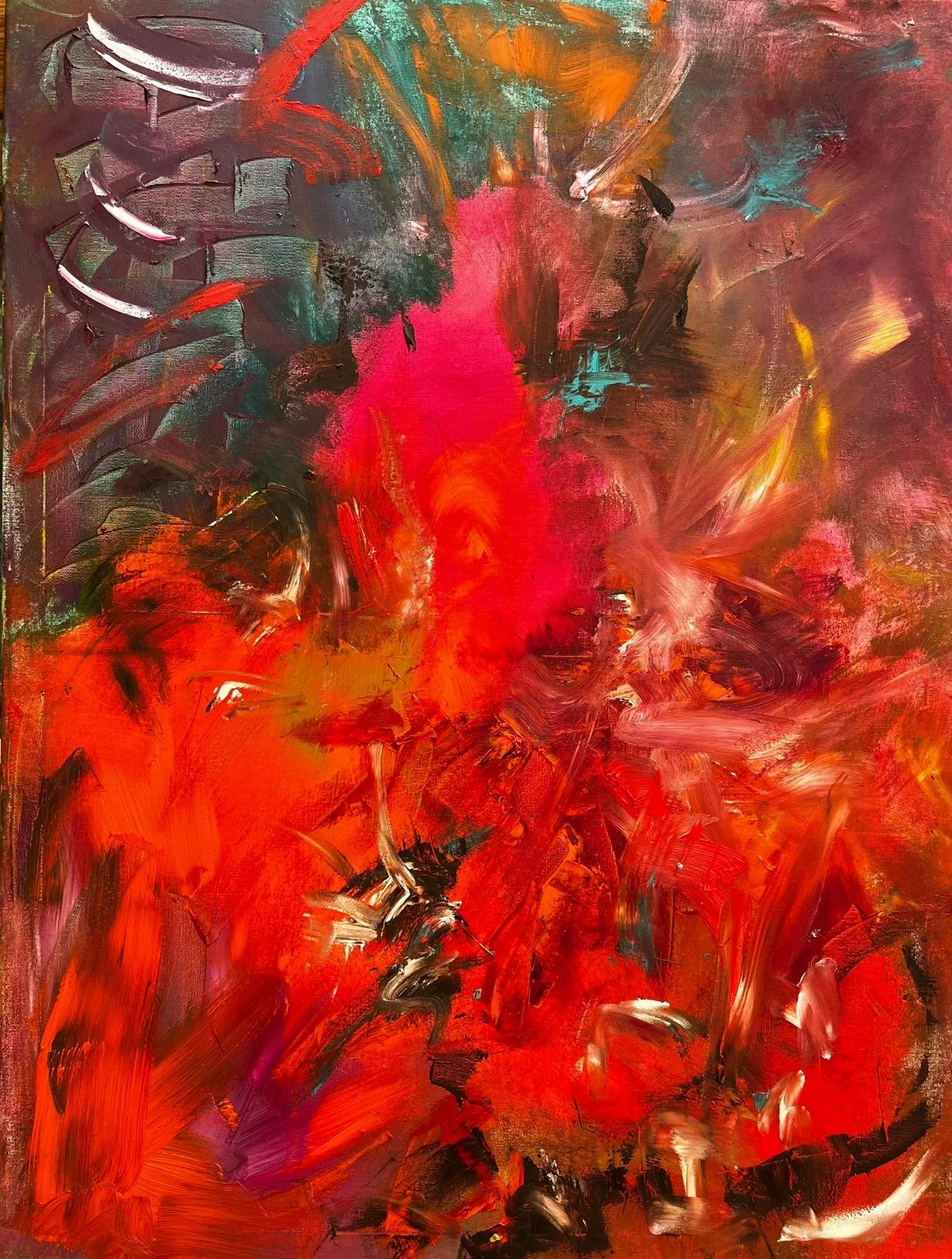 The Goddess within . Oil on canvas using loose atmospheric layers to create depth and express the intensity of women warriors everywhere. Box canvas 80cm x 60cm.