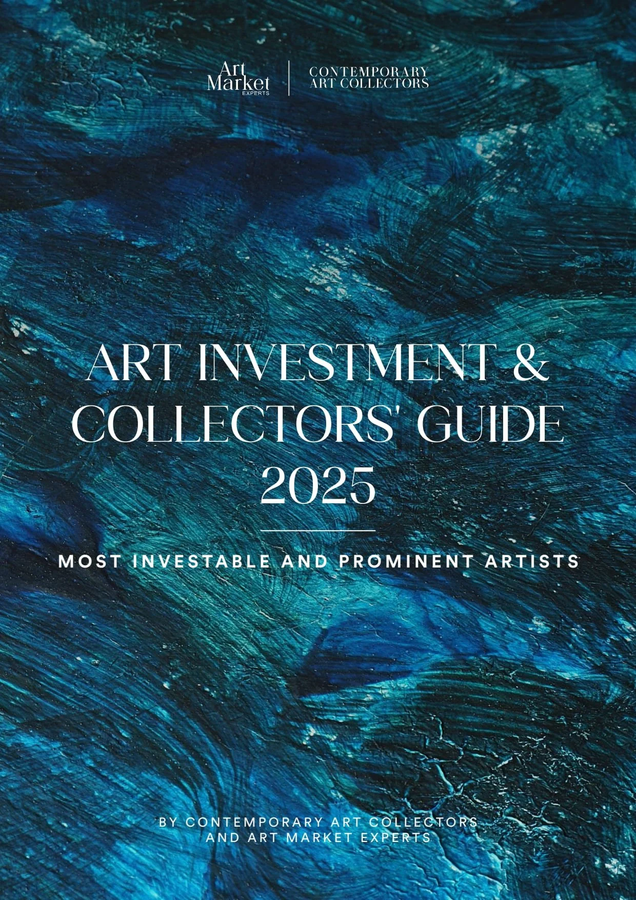 Cover of "Art Investment & Collectors' Guide 2025" featuring blue abstract art background.