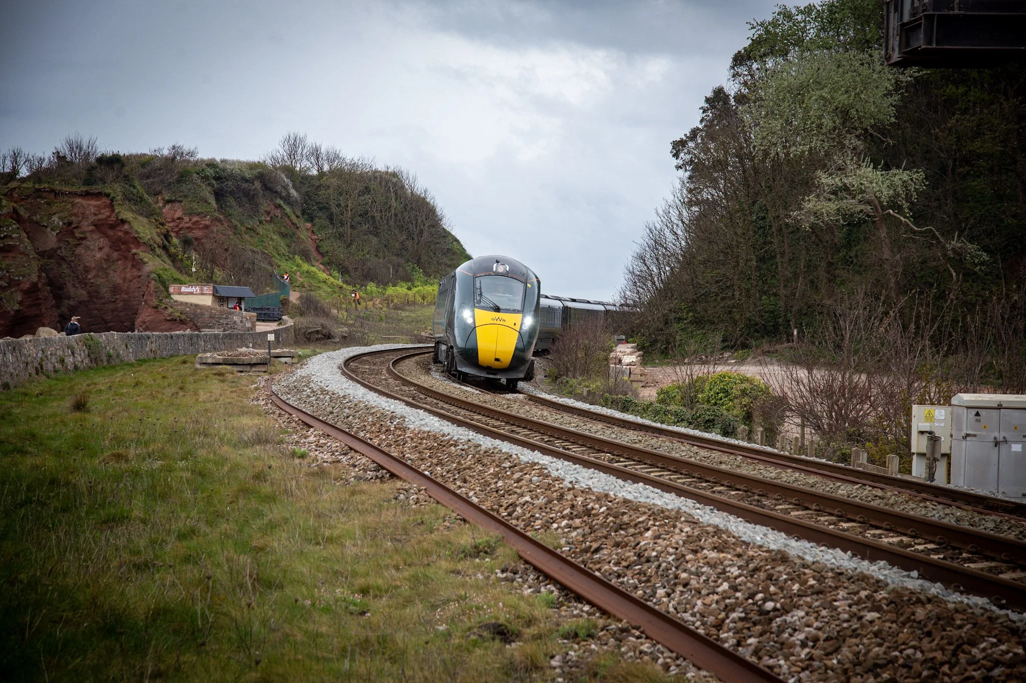 GWR Hitachi Intercity Express Trains (IETs) rounding the bend at Dawlish Warren.