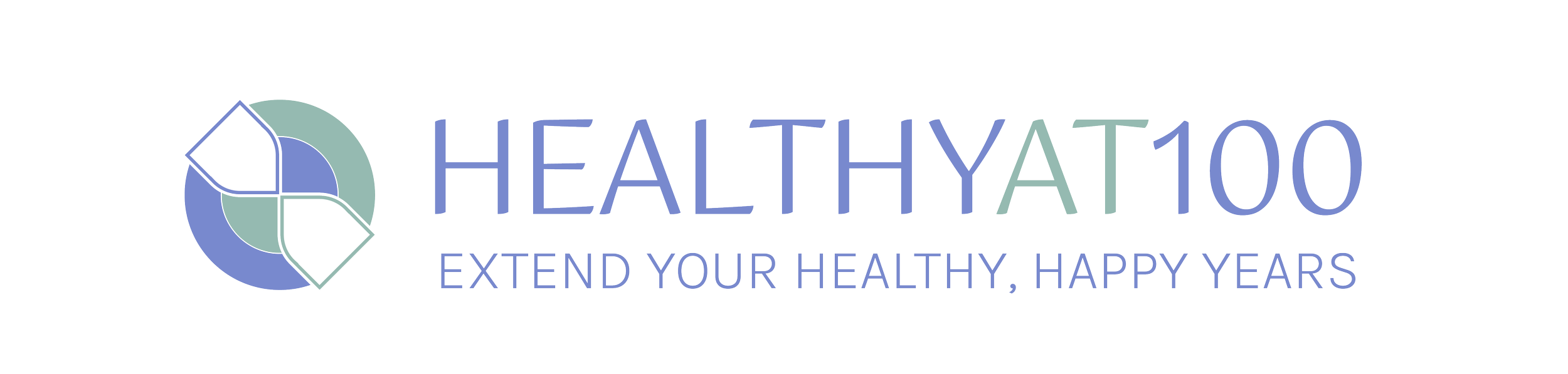 Logo of HealthyAt100 with circular graphic and tagline 'Extend Your Healthy, Happy Years'
