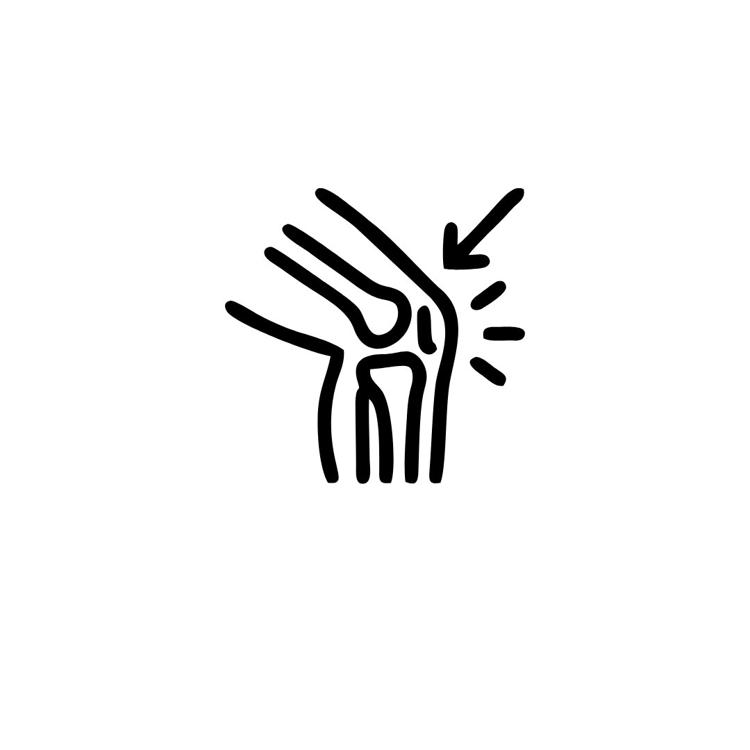 Outline drawing of a knee joint with an arrow indicating pain or injury, radiating lines highlighting the area.