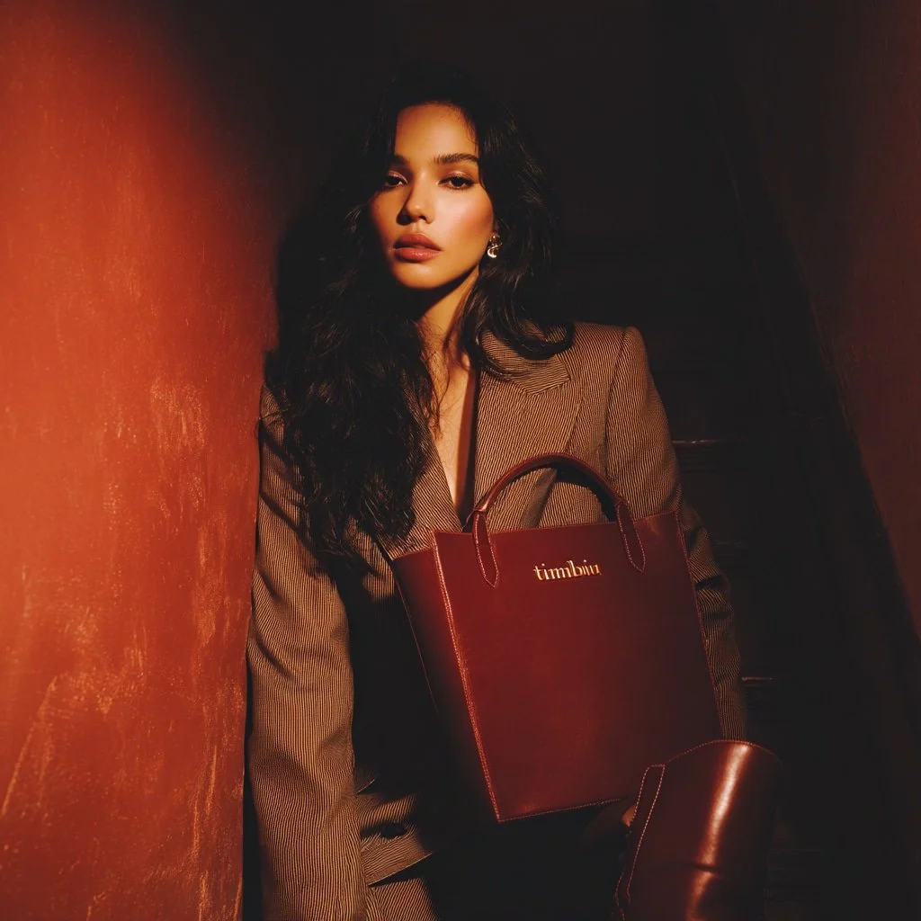 Minimal editorial image of a woman posing for a fashion portrait