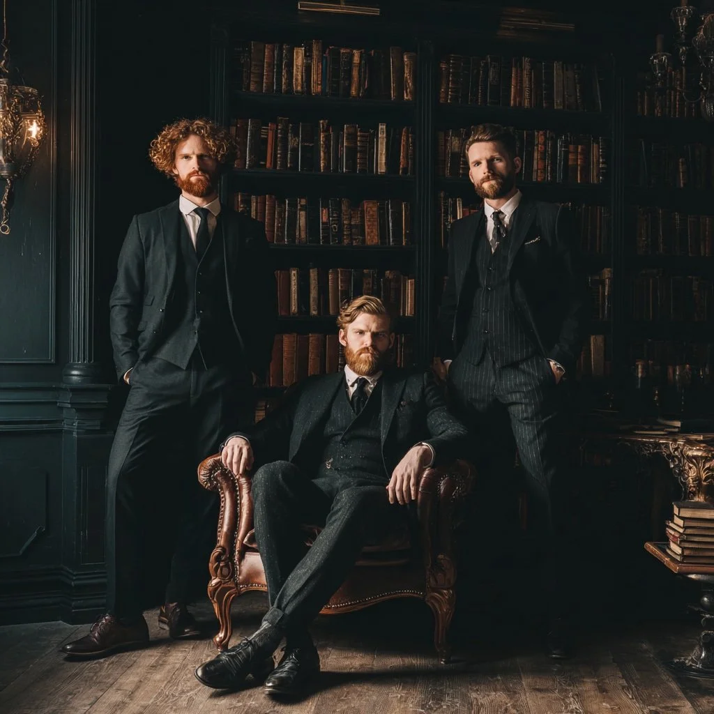 Editorial photograph of three men standing together