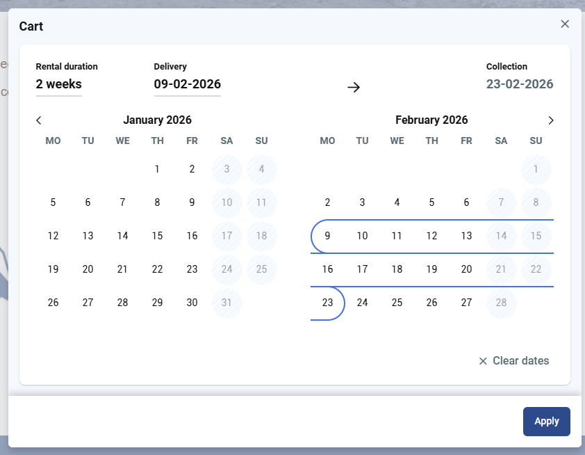 choose the start date of your 2 week hire period
