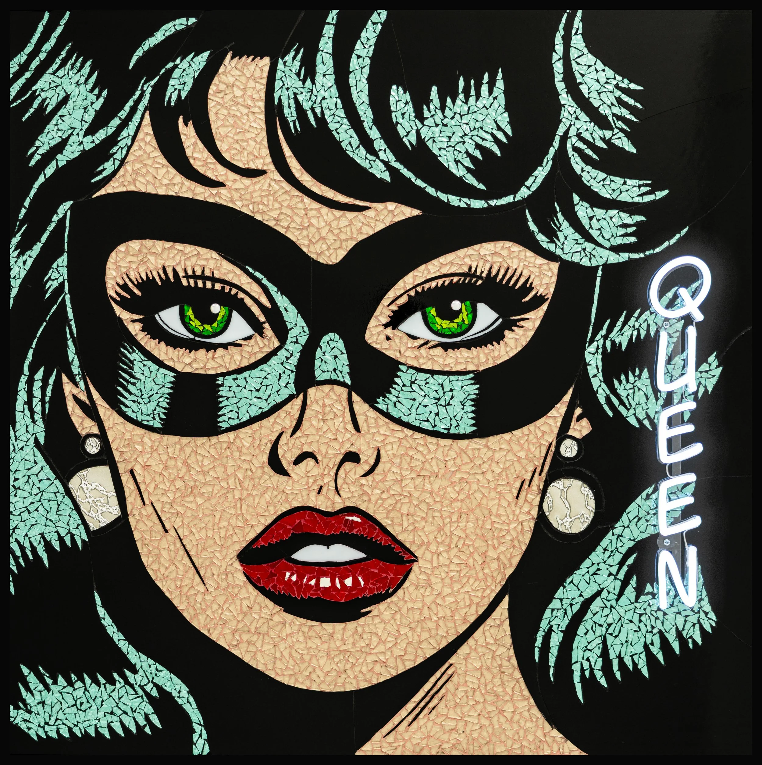 The Queen, Glass Mosaic and Neon, 36 x 36 in., 2025