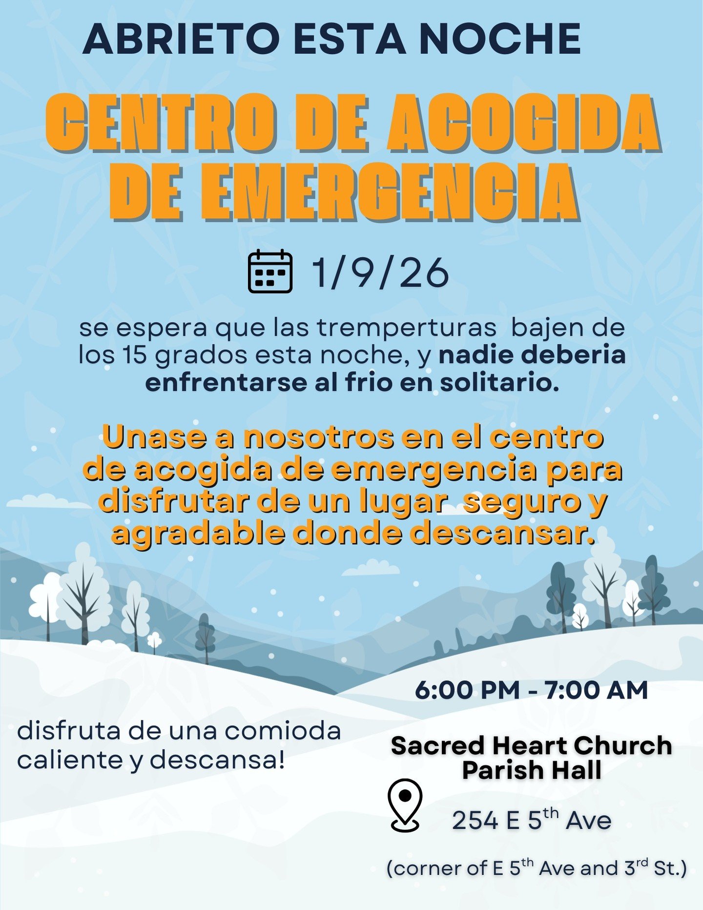 Emergency Warming Center Open Tonight Please Help Spread the Word!

Cold winter nights can be dangerous, and our community is coming together to ensure no one is left without warmth, safety, or a meal. ❄️

The Emergency Warming Center will be open to