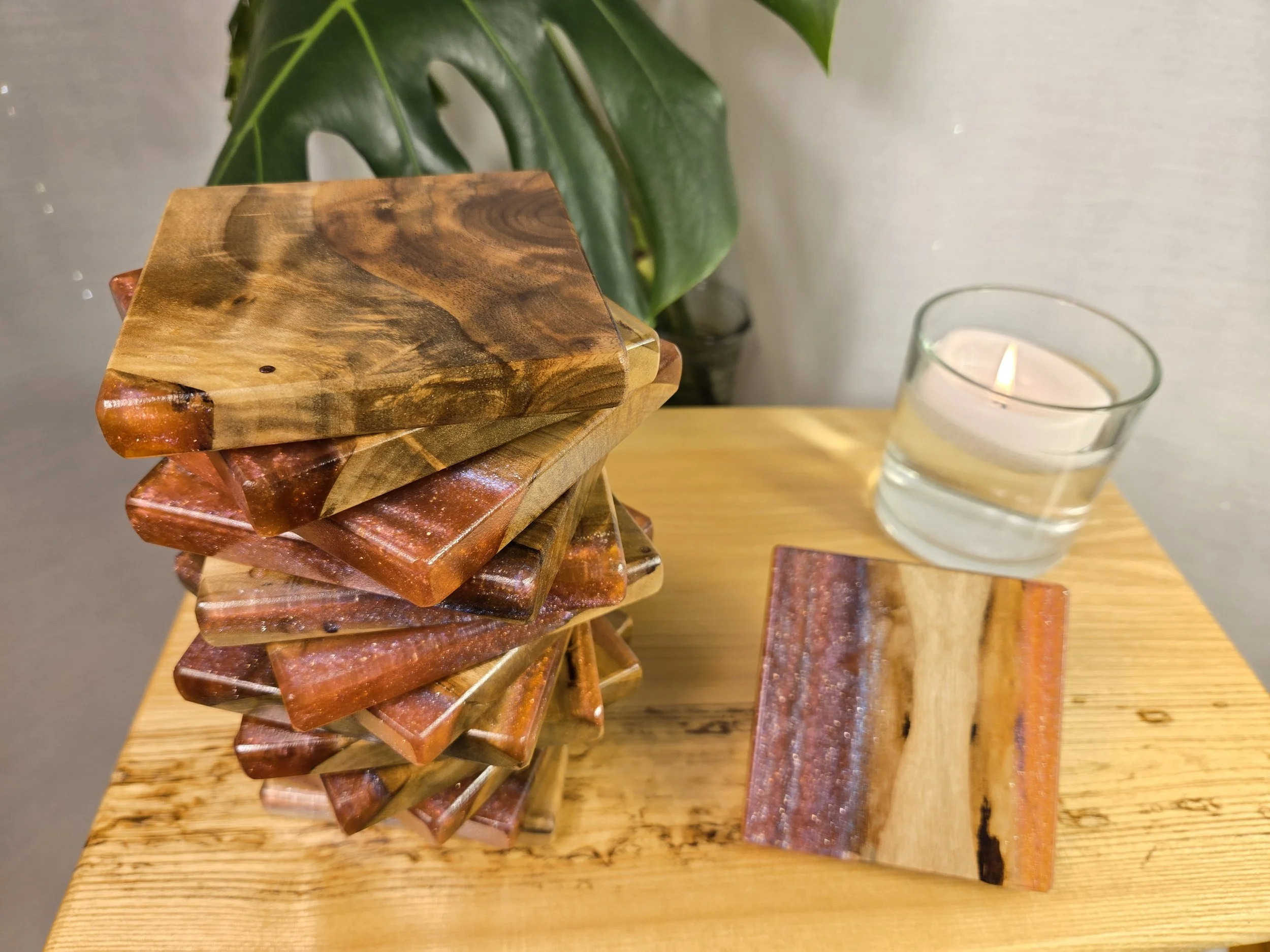 group of coasters with iridescent pink glitter epoxy.jpg (Copy)