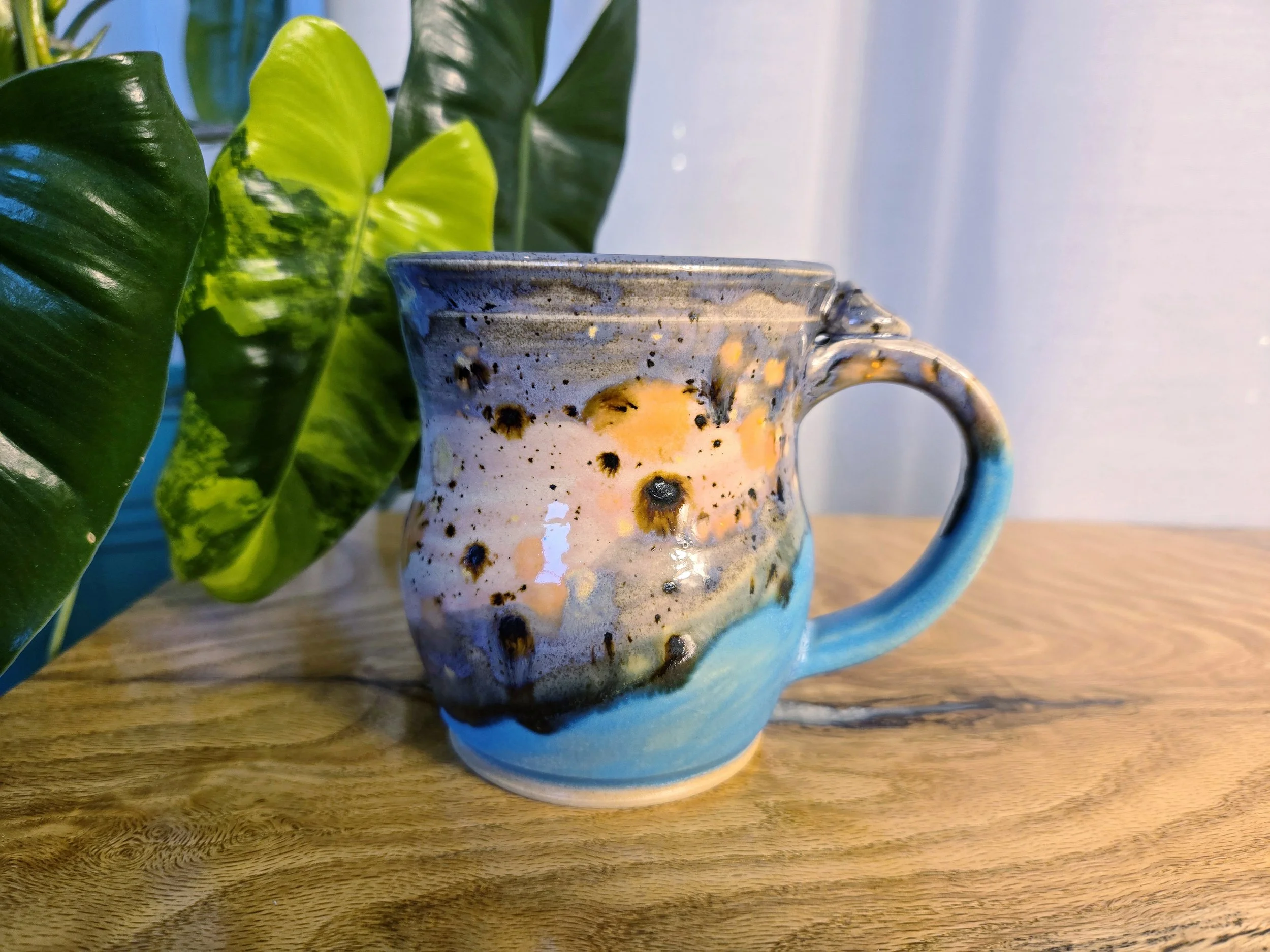 small mug, turquoise, pinks, blues, speckled on white stoneware (1).jpg