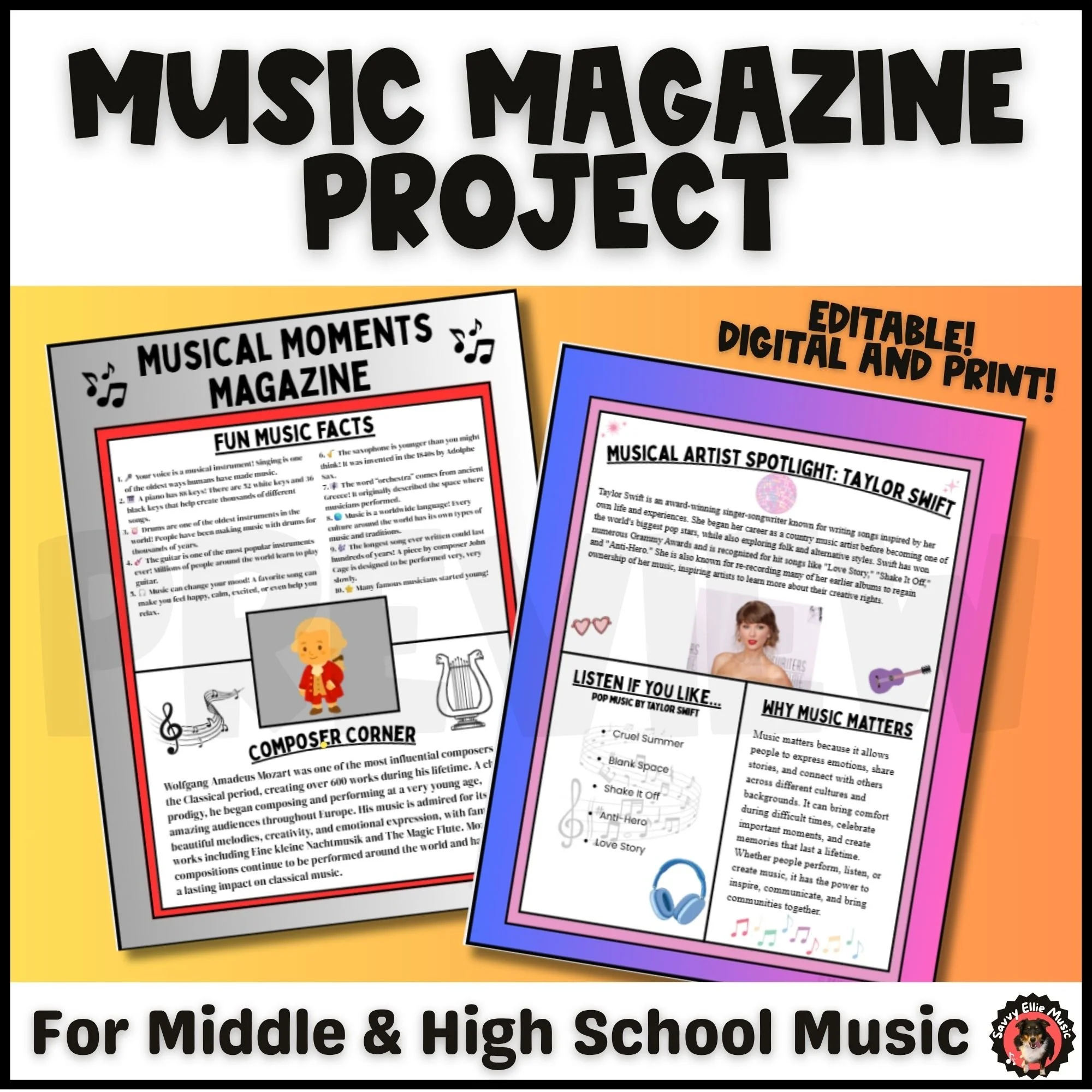 Music Magazine Project Middle or High School Choir, Band Editable, Assignment