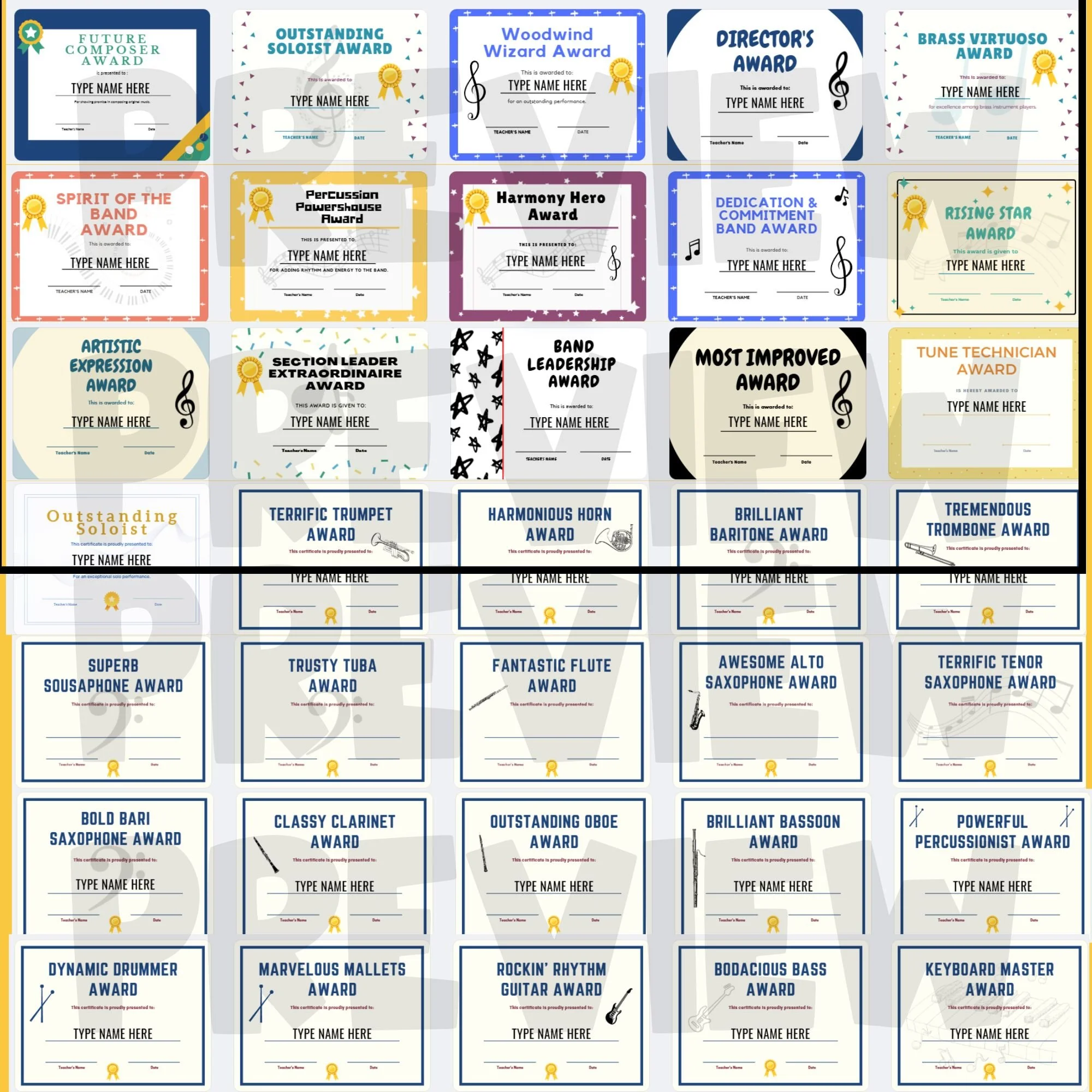 45 Editable Band & Instrumentalist Award Certificates for End of the ...