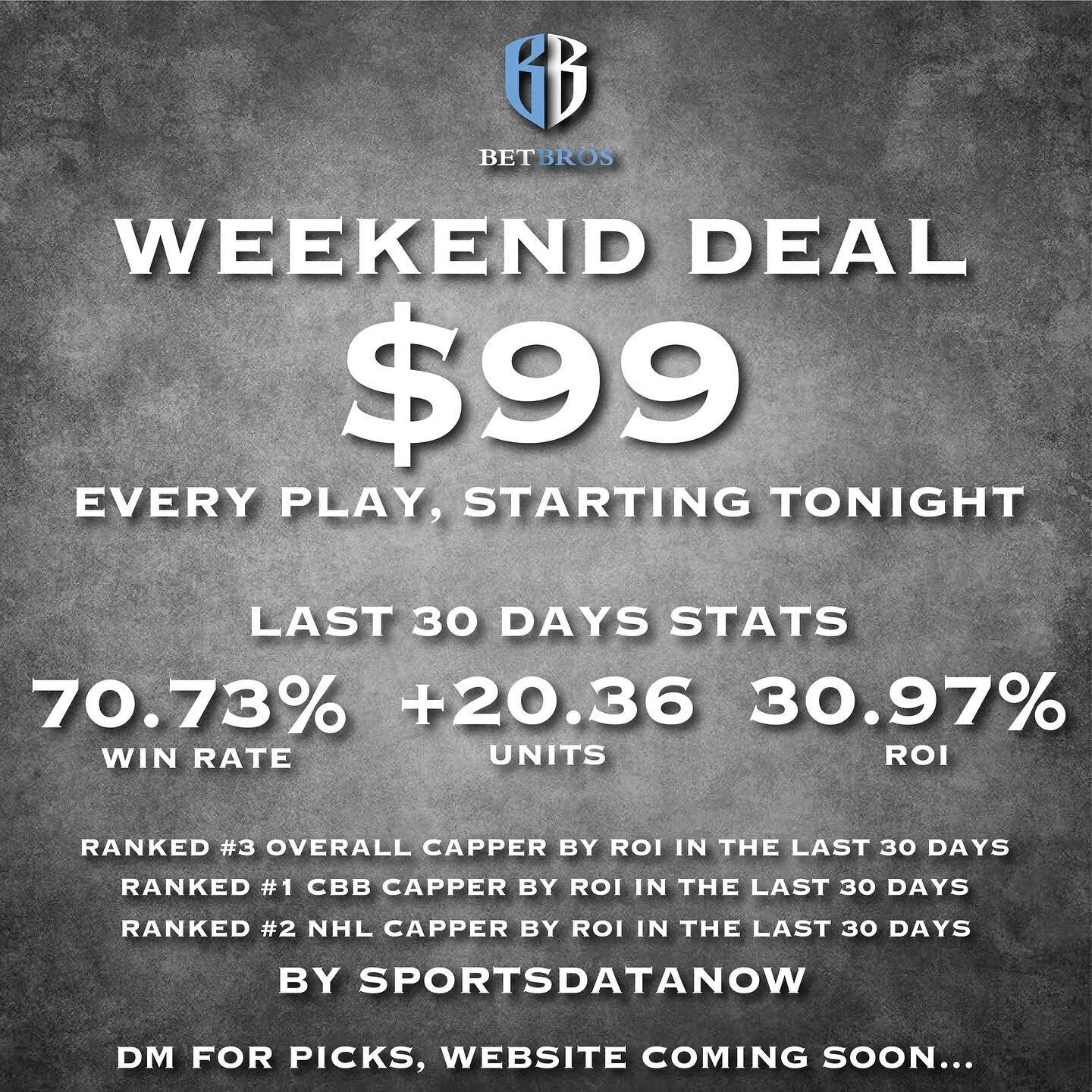 BetBros Weekend Deal

$99 for all picks starting tonight&hellip; DM for picks, website is coming soon!

Currently we are ranked #3 overall capper, #1 CBB capper, and #2 NHL capper based on ROI in the last 30 days by SportsDataNow!

Sports Data Now Li