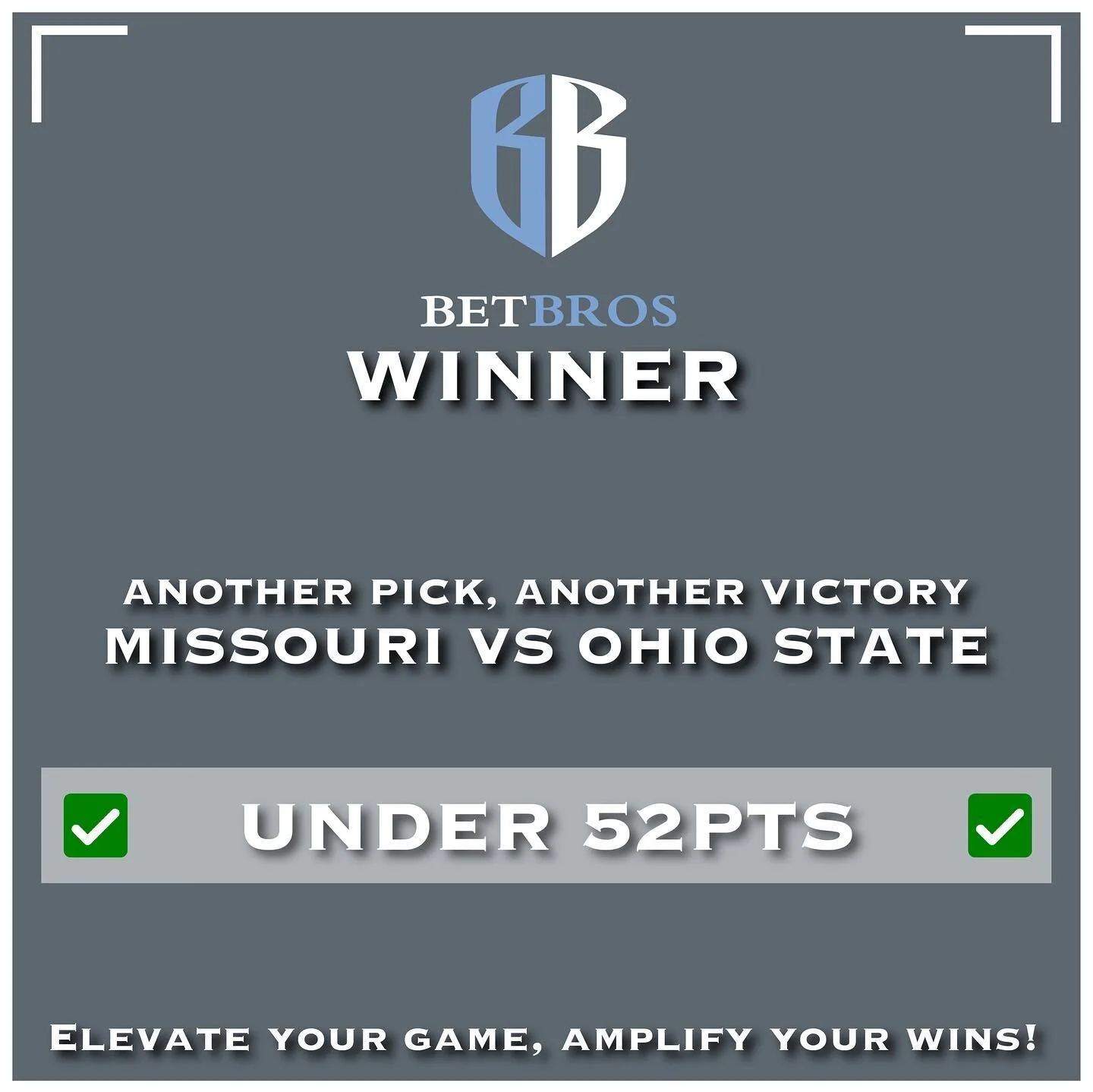 🏈💰 BetBros WINNER! 🎉

🔥 Another pick, another victory! 🚀✨

🏈Missouri vs Ohio State (NCAAF)
💸 Pick: Under 52pts[+2.0u] ✅
🎯 Result: WINNER WINNER 🐓 DINNER

Big shoutout to the BetBros community! 🙌 Let&rsquo;s keep those wins coming! 💙💪 #Bet
