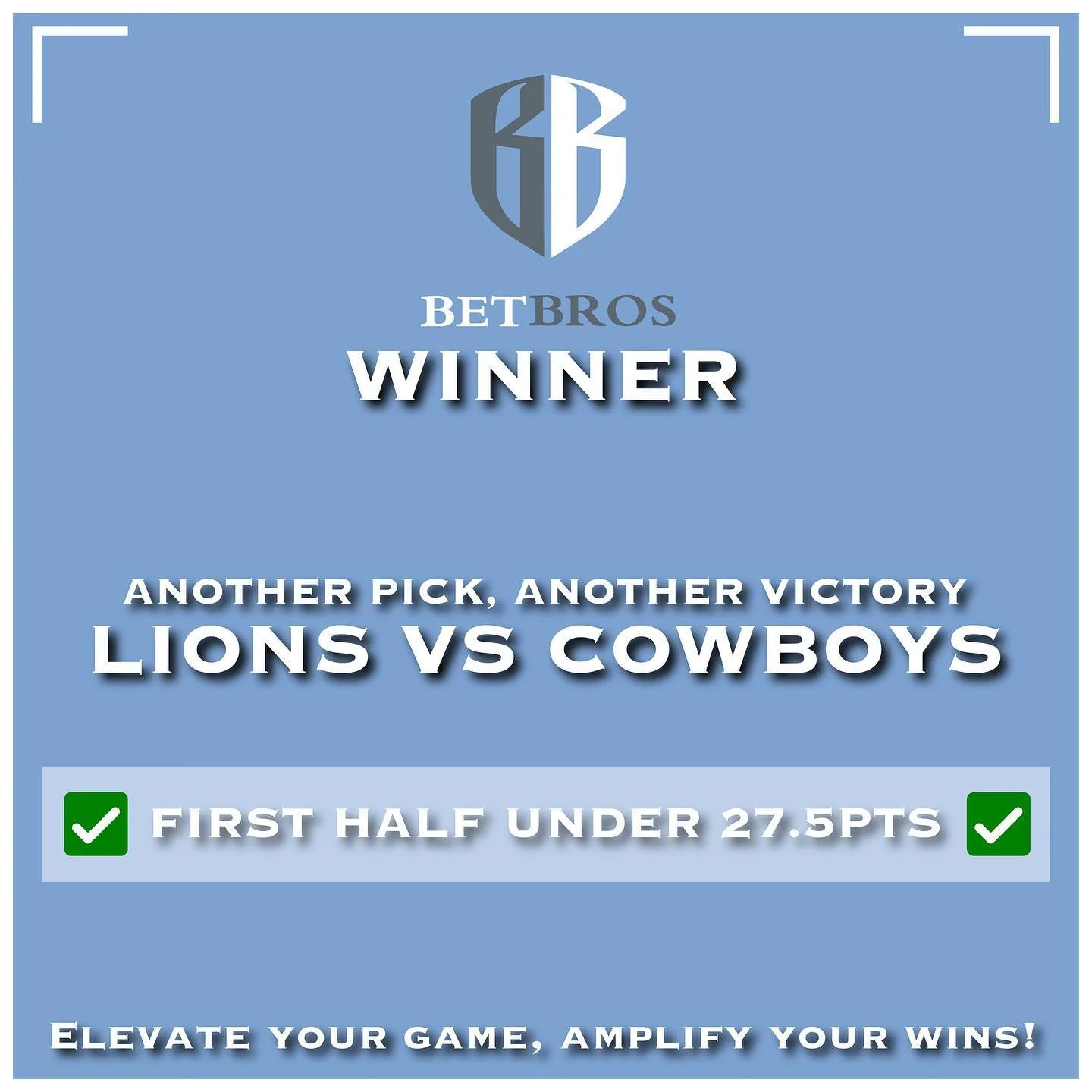 🏈 💰 BetBros WINNER! 🎉

🔥 Another pick, another victory! 🚀✨

🏈 Lions vs Cowboys (NFL)
💸 Pick: First Half Under 27.5 [+2.0u] ✅
🎯 Result: WINNER WINNER 🐓 DINNER

Big shoutout to the BetBros community! 🙌 Let&rsquo;s keep those wins coming! 💙💪