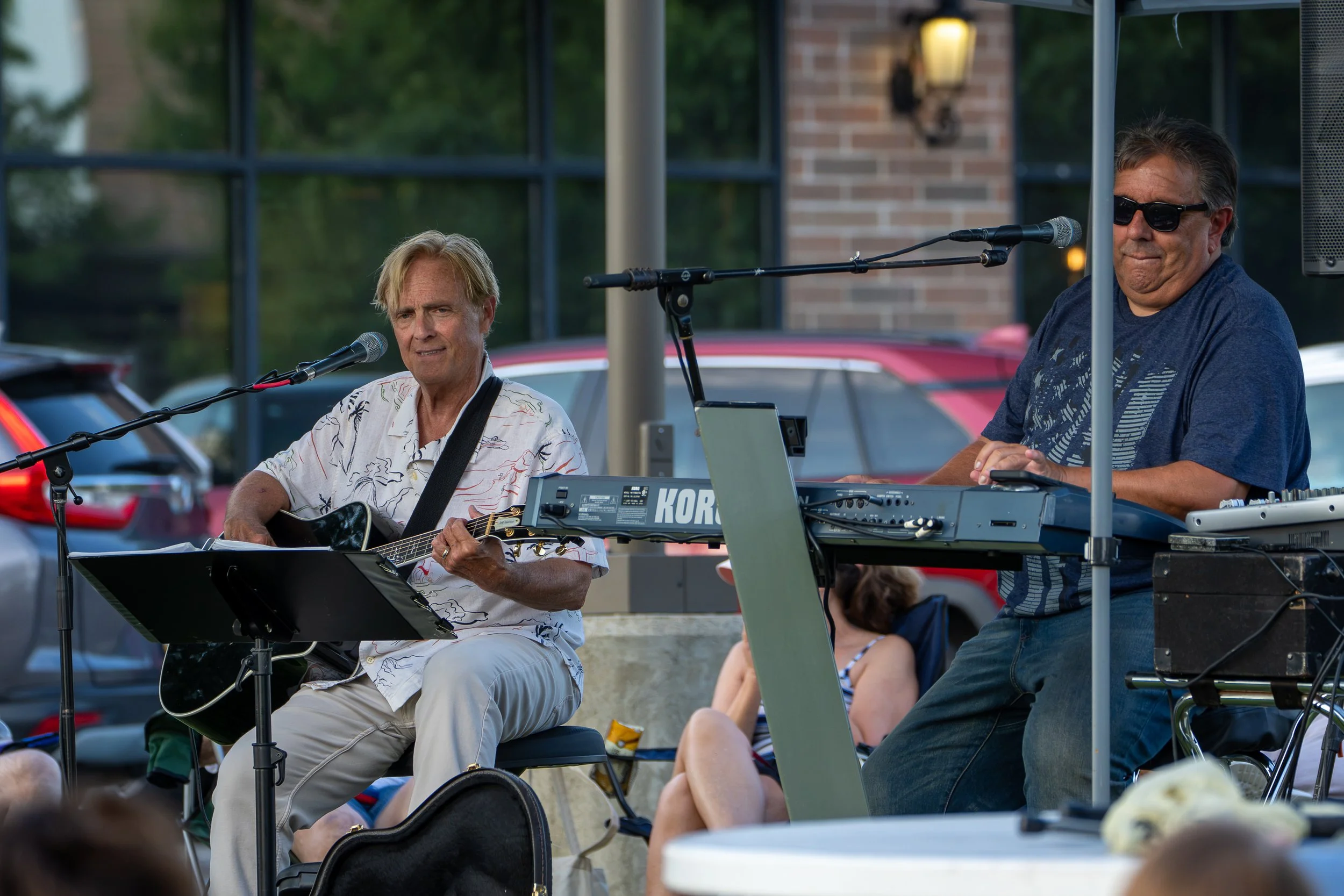 Two musicians performing outdoors, one playing guitar and singing into a microphone, the other playing keyboard and wearing sunglasses, with an audience in the foreground.