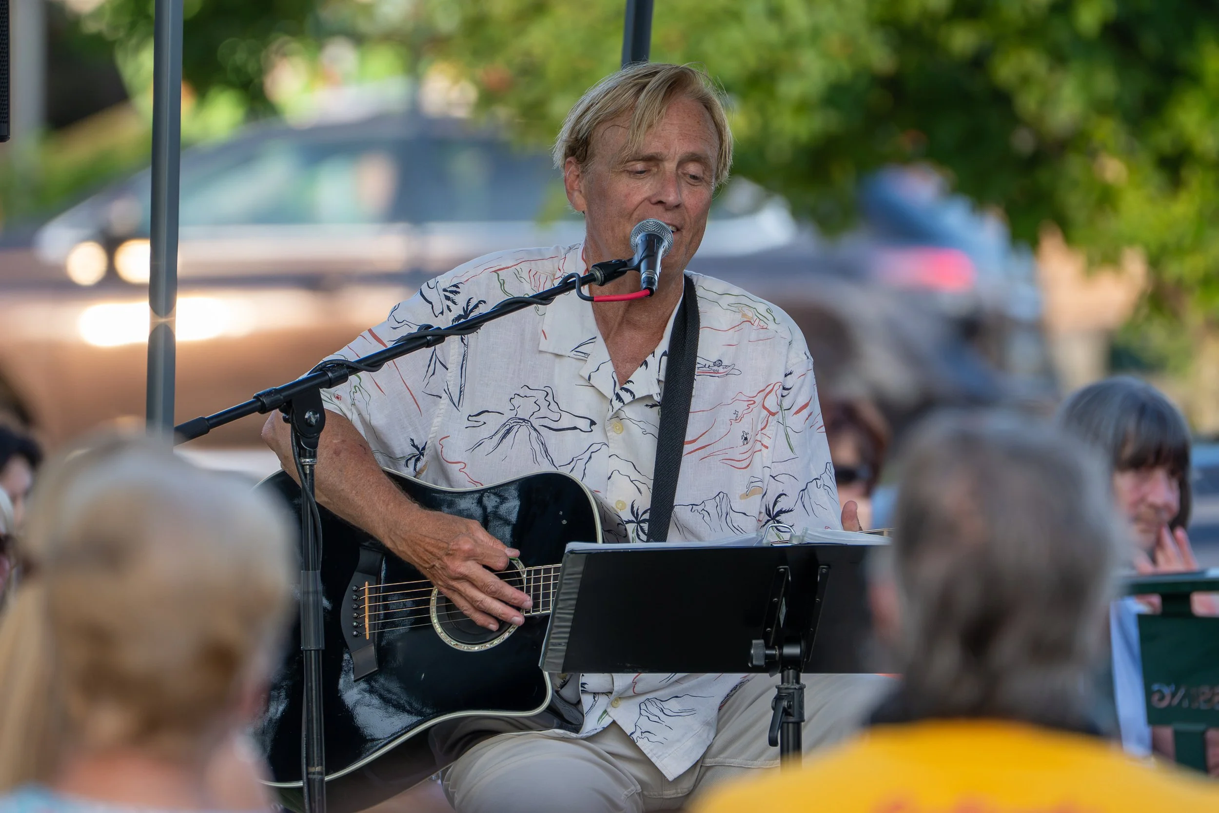 A man playing guitar and singing into a microphone at an outdoor event, with a blurred crowd and trees in the background.