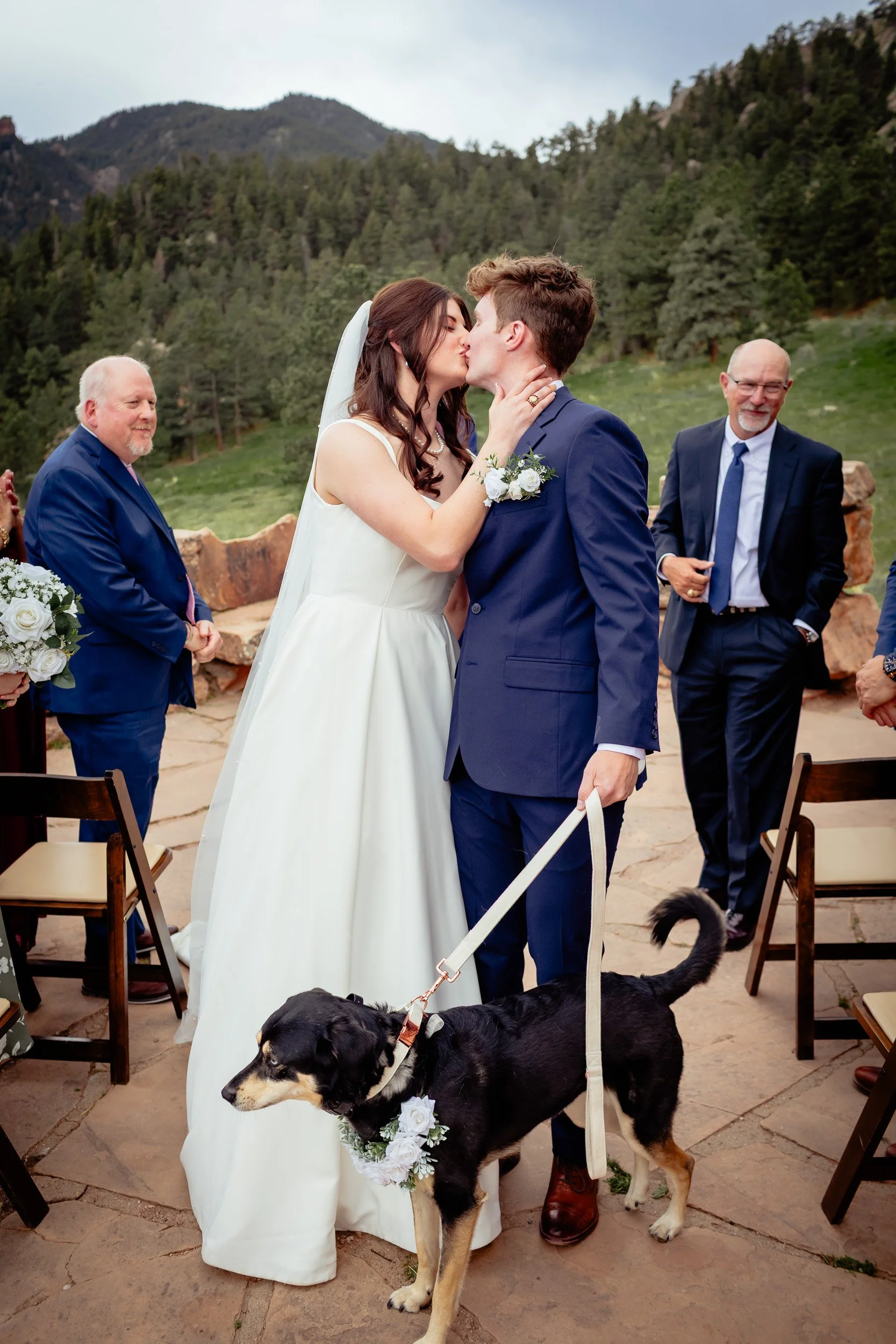 Small wedding ceremony with family gathered at Halfway House in Boulder, Colorado