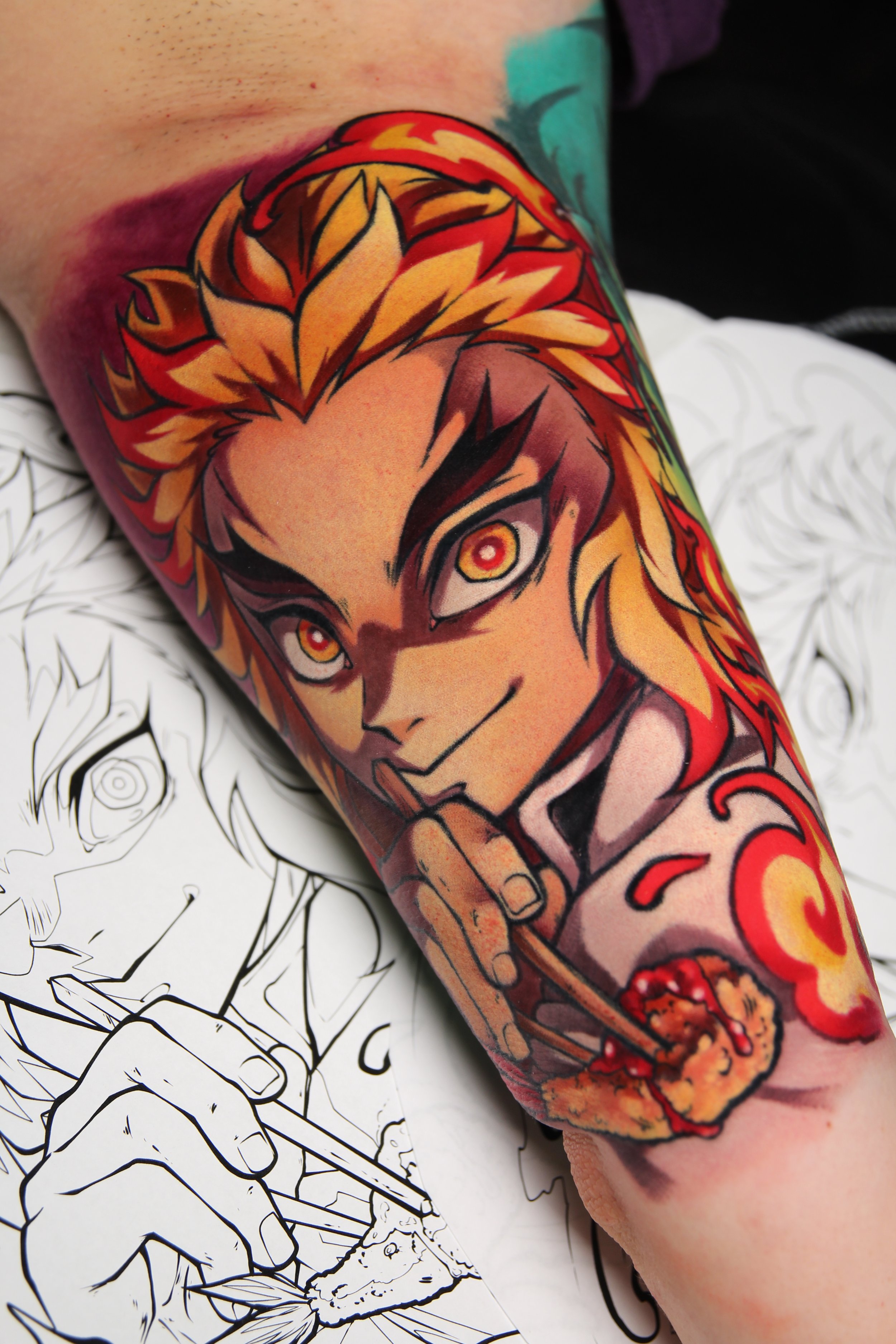 Rengoku Tattoo - Anime tattoo of Rengoku from Demon Slayer by Tattoo Artist Ren Behan in Orlando, Florida.