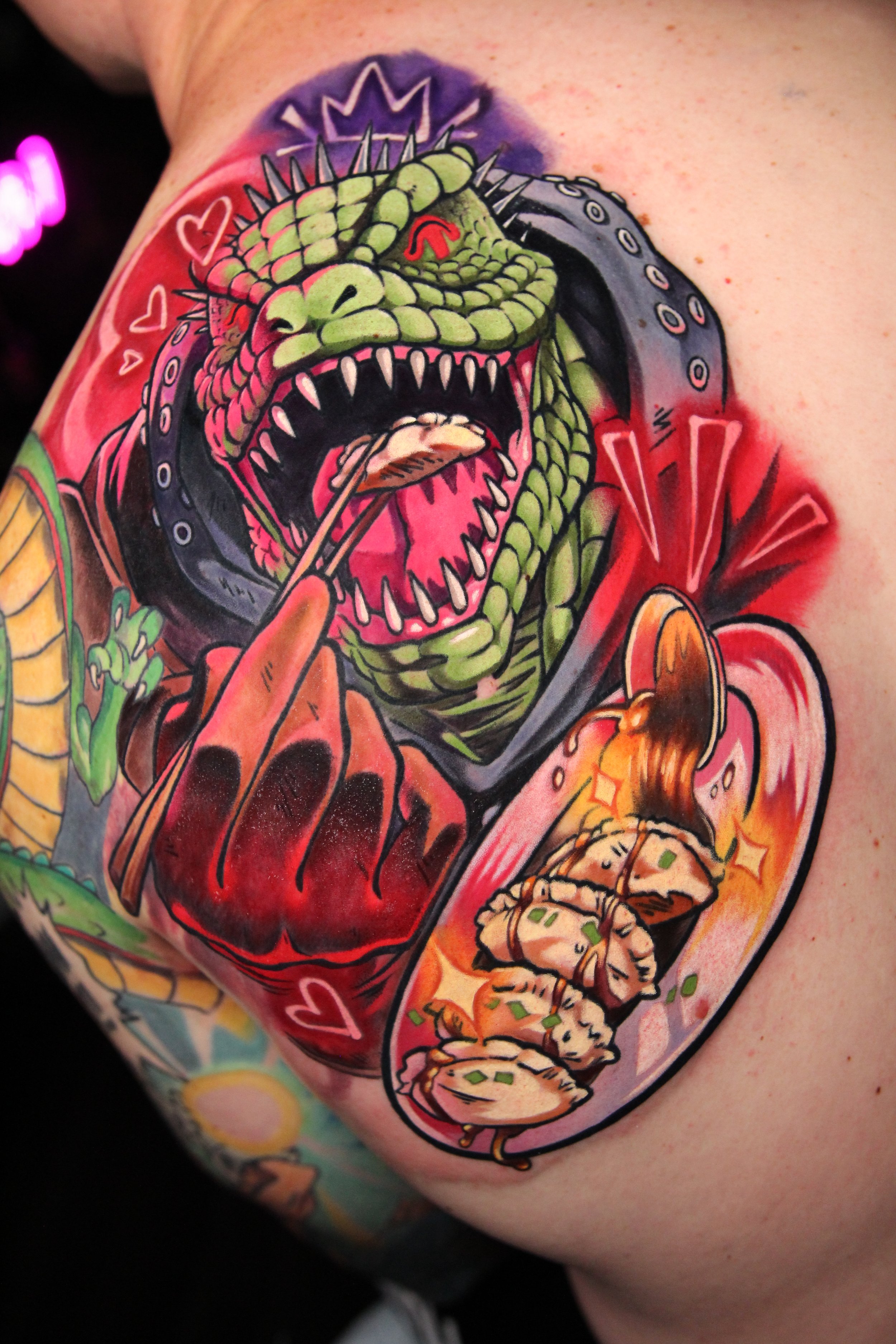 Caiman Tattoo - Anime tattoo of Caiman from Dorohedoro by Tattoo Artist Ren Behan in Orlando, Florida.
