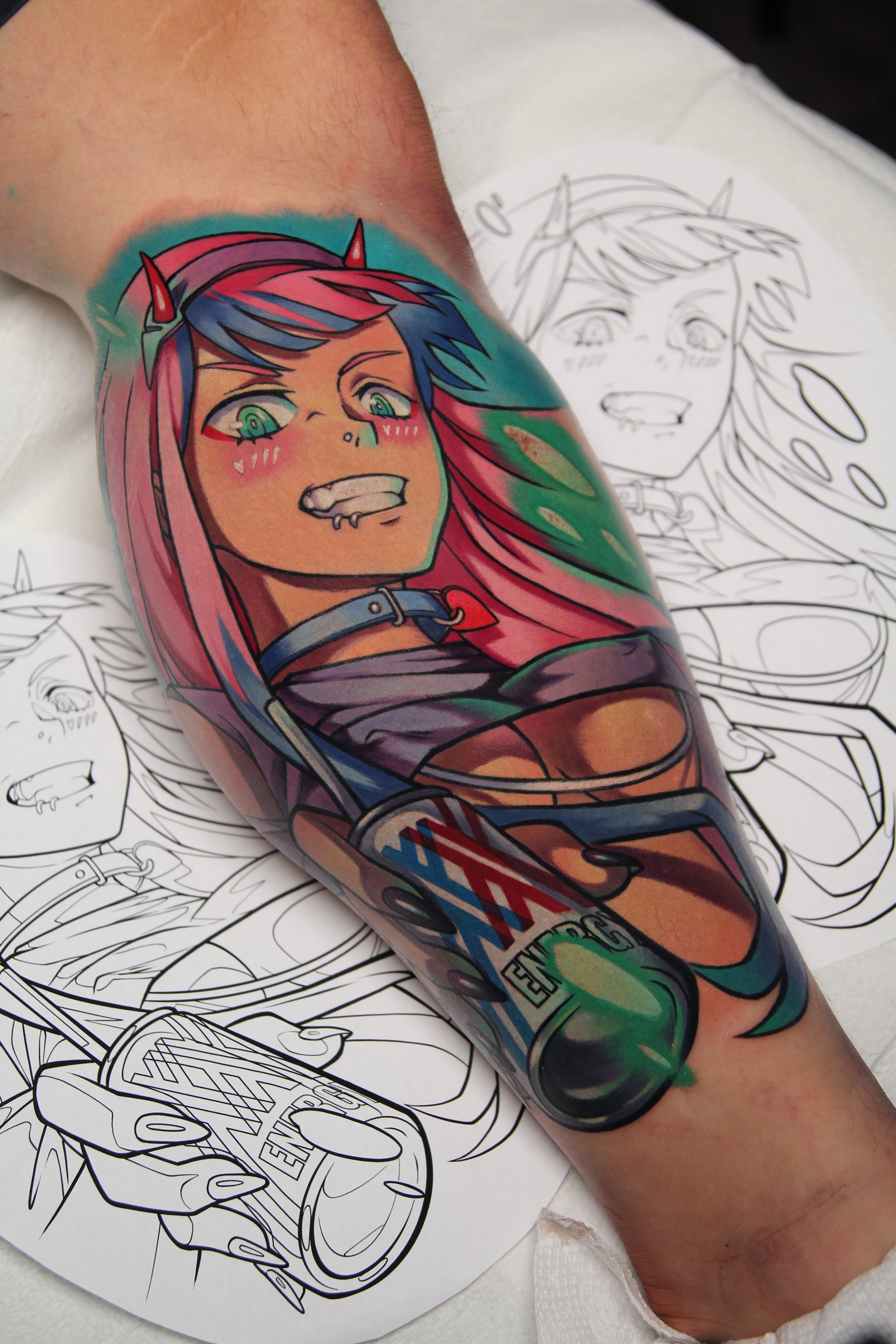 Alt Zero 2 ( 002) Tattoo - Anime tattoo of Zero 2 from Darling in the Franxx as an alternative girl by Tattoo Artist Ren Behan in Orlando, Florida.