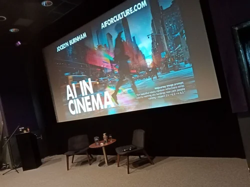 A photograph of the title screen for one of Jocelyn Burnham's talks named 'AI IN CINEMA' which was presented at the BFI FAN conference in Belfast in 2024