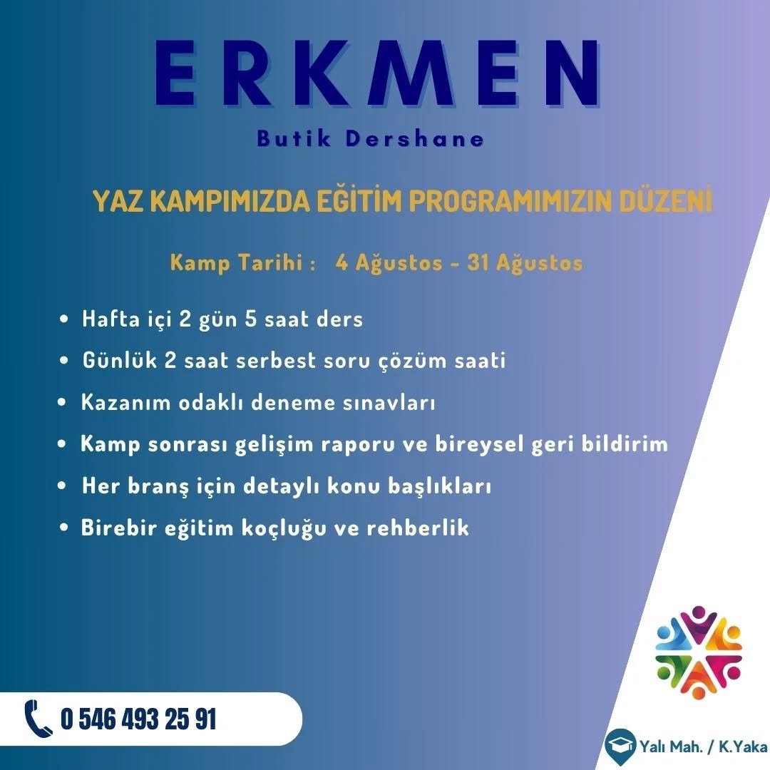📚 Yaz tatili hedefe odaklanma zamanı!
4&ndash;31 Ağustos arasında d&uuml;zenlenecek YOĞUN YAZ KAMPI ile TYT&rsquo;ye sağlam bir temel at!

✍️ &Ouml;ğrencilerimiz bu kampta:
✔️ Temelden ileri d&uuml;zeye t&uuml;m TYT konularını &ouml;ğrenir.
✔️ Yeni 