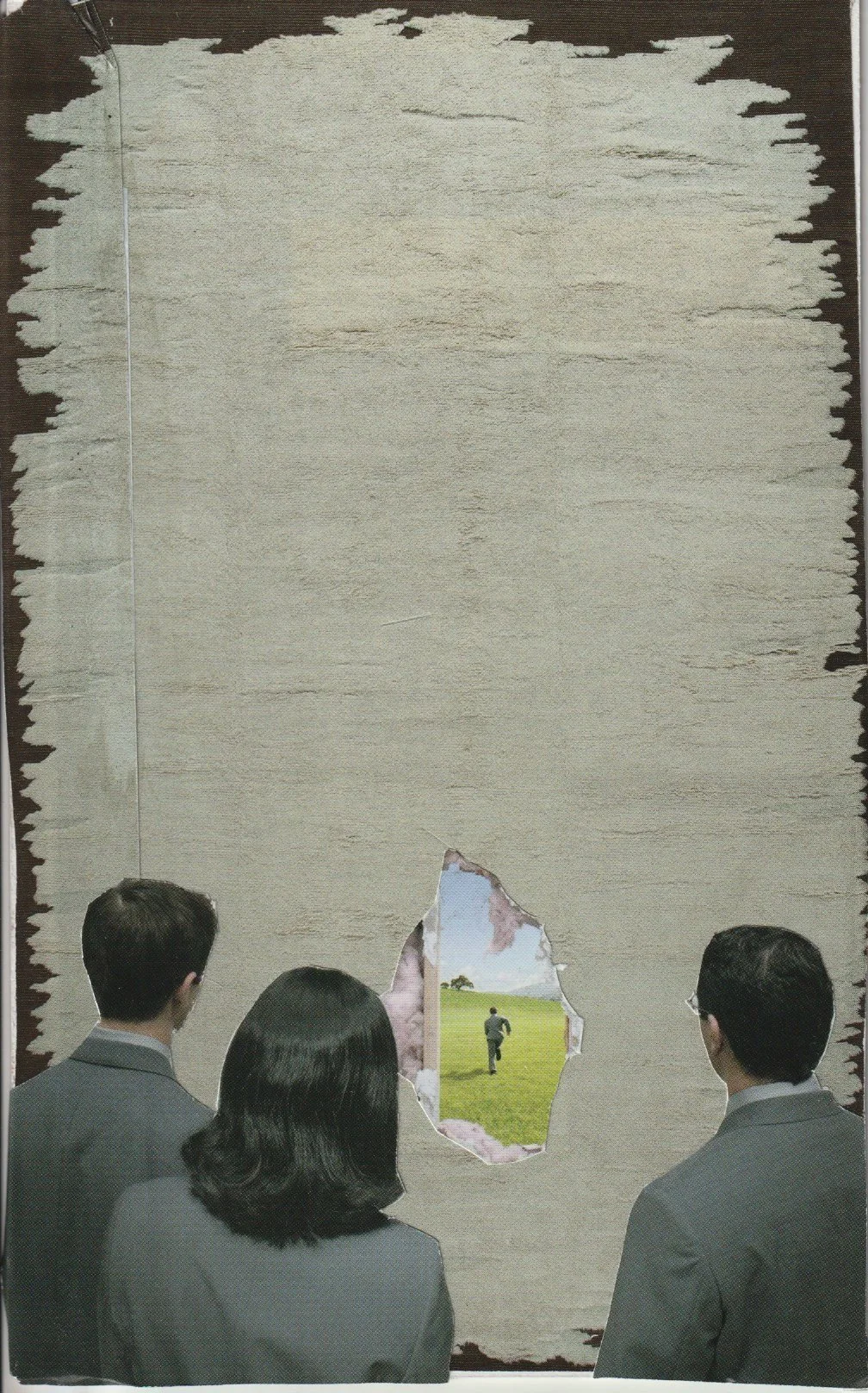 An image of a person breaking through a wall and running.  Others stand by and watch